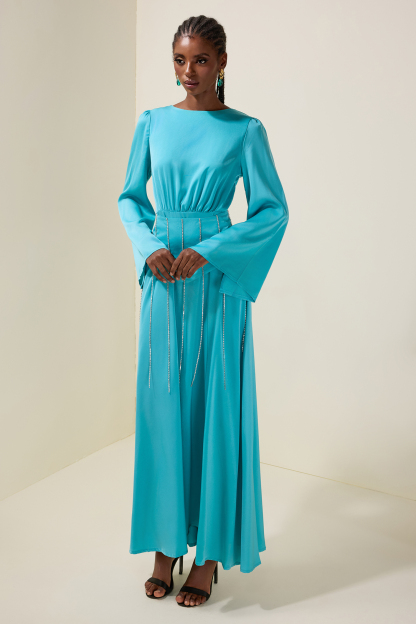 Satin Diamond Tassels Long Sleeve Maxi Dress