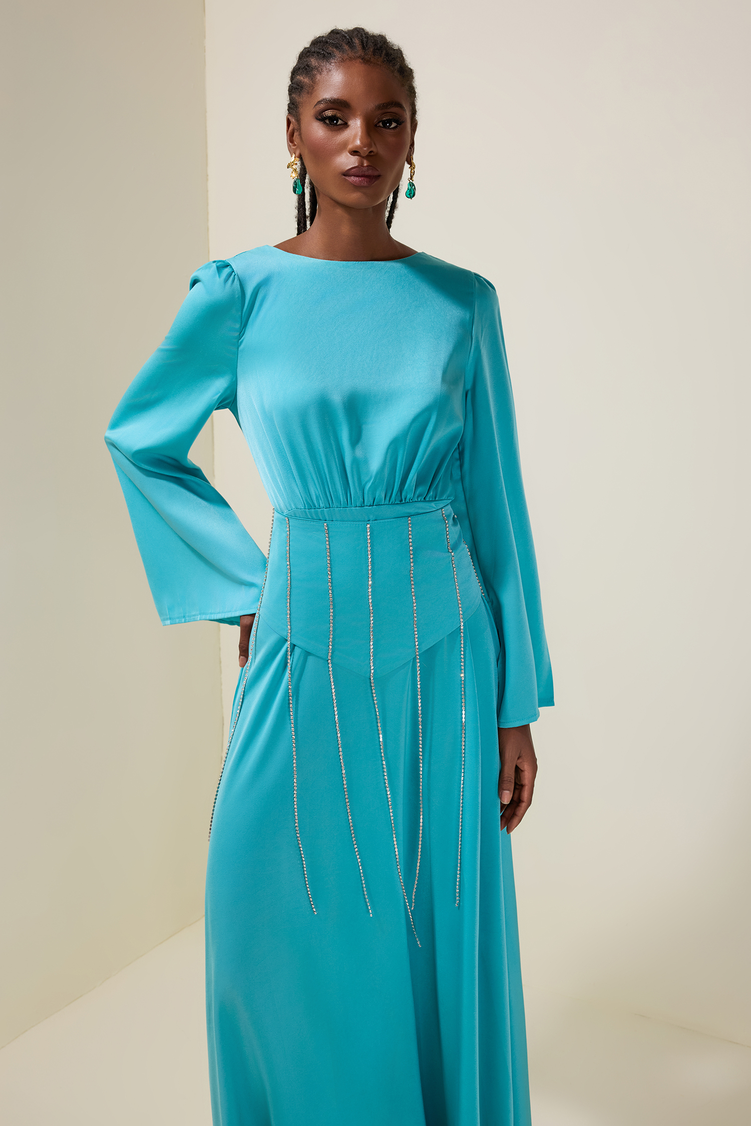 Satin Diamond Tassels Long Sleeve Maxi Dress