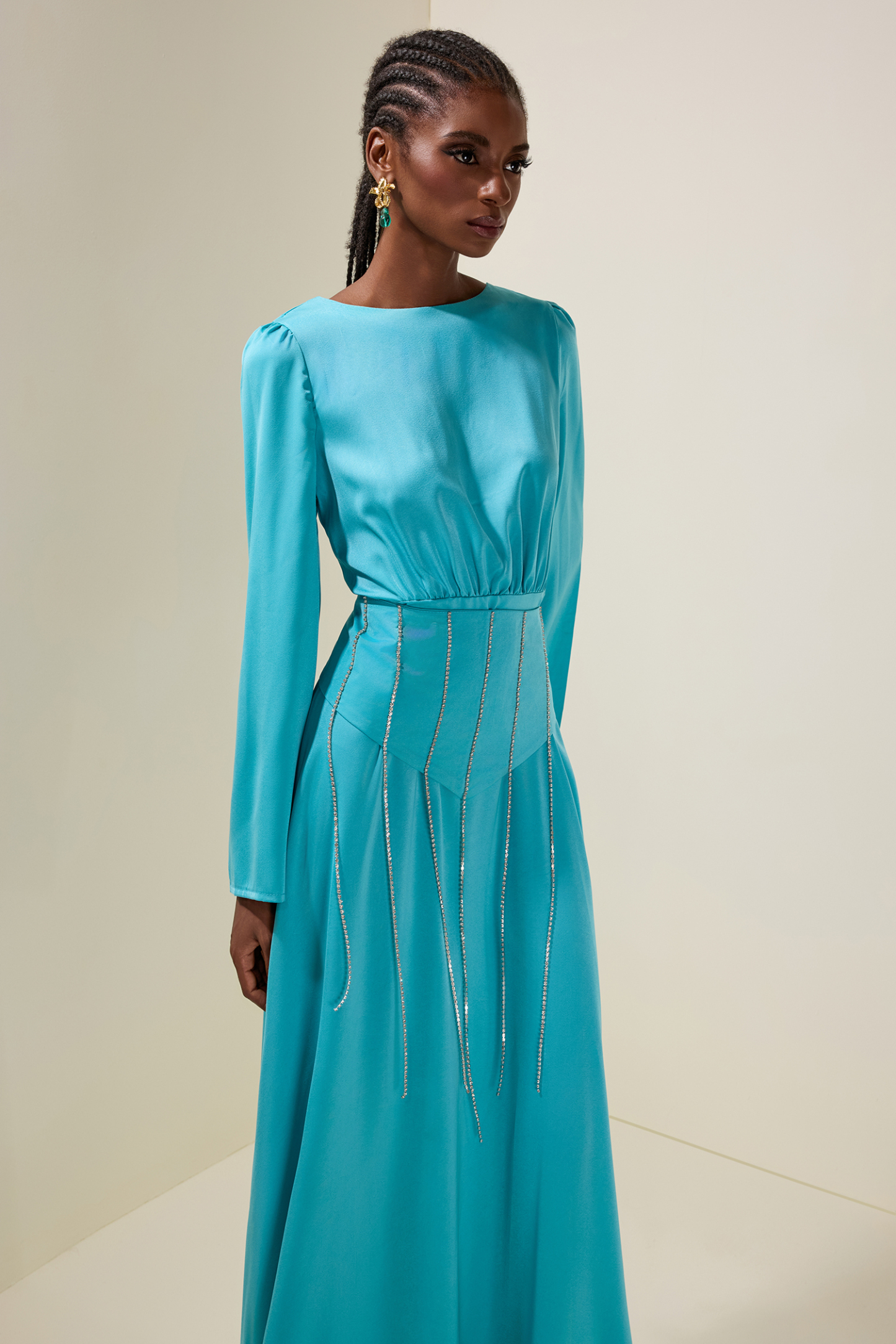 Satin Diamond Tassels Long Sleeve Maxi Dress