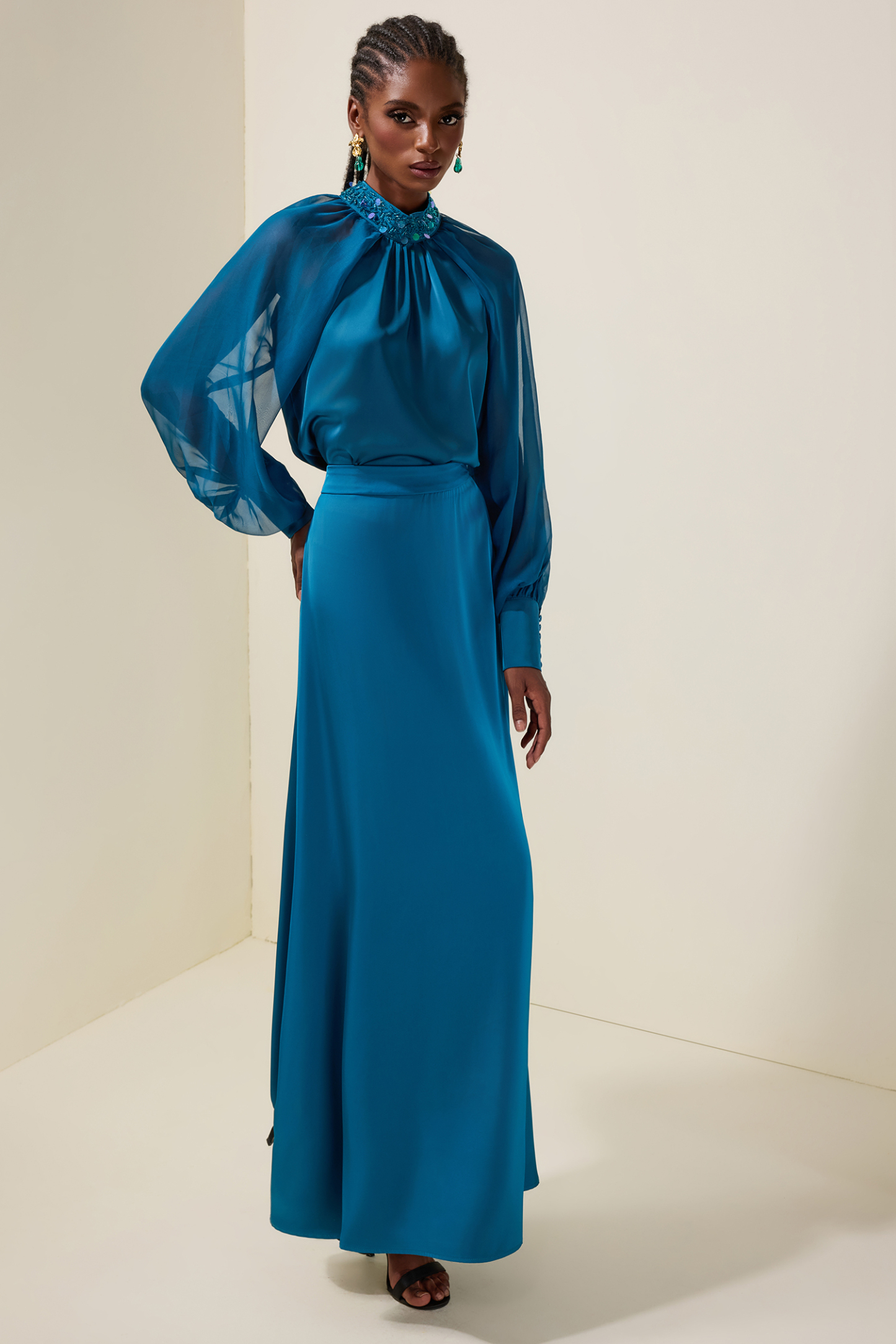 Satin Splicing Mesh Rivet Top & High Waist Maxi Skirt Set