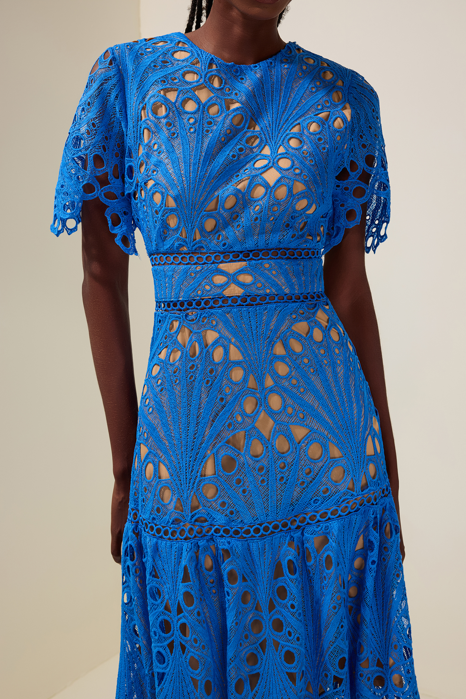 Lace Cut-Out Round Neck Midi Dress