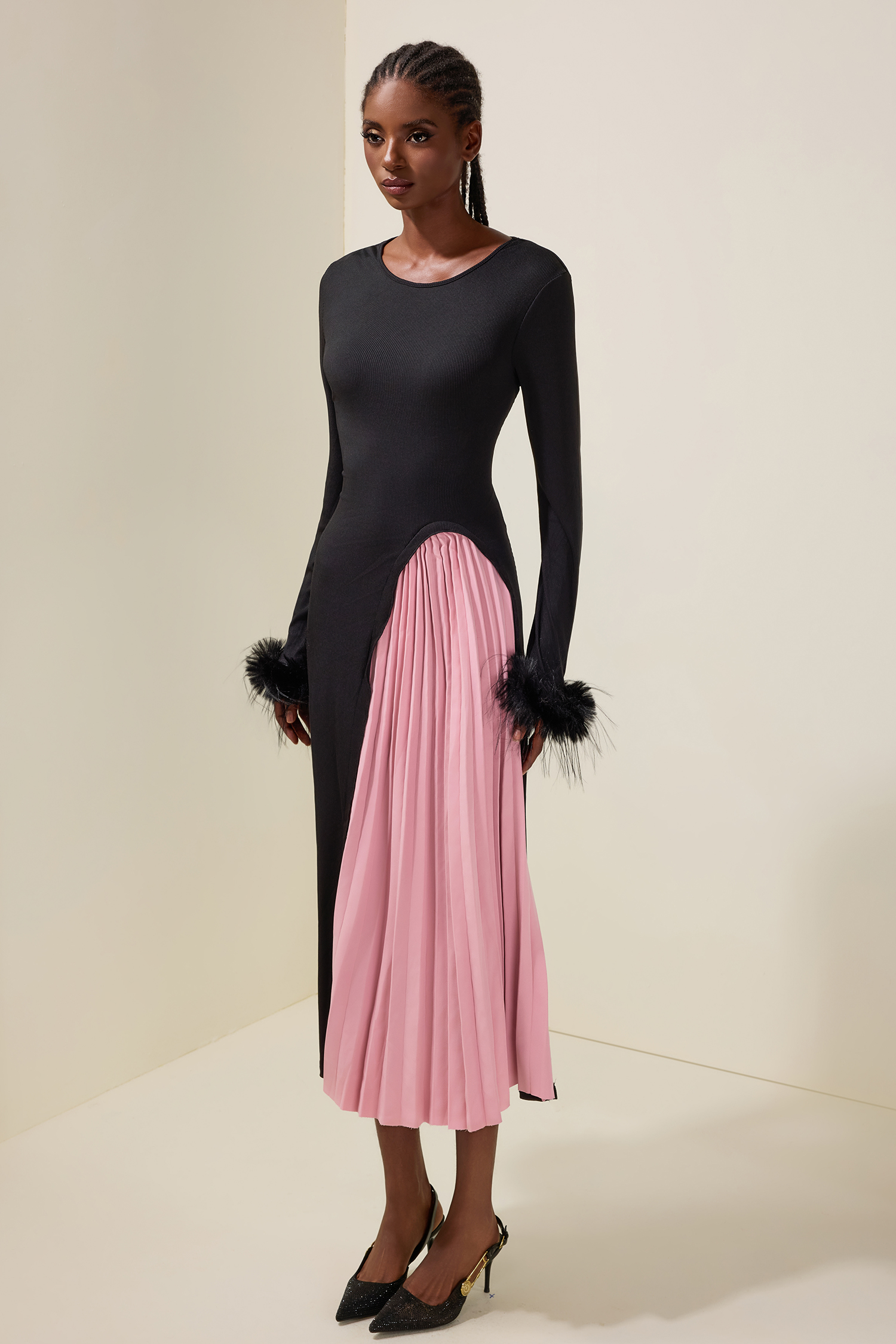 Jersey Splicing Pleated Feather Midi Dress