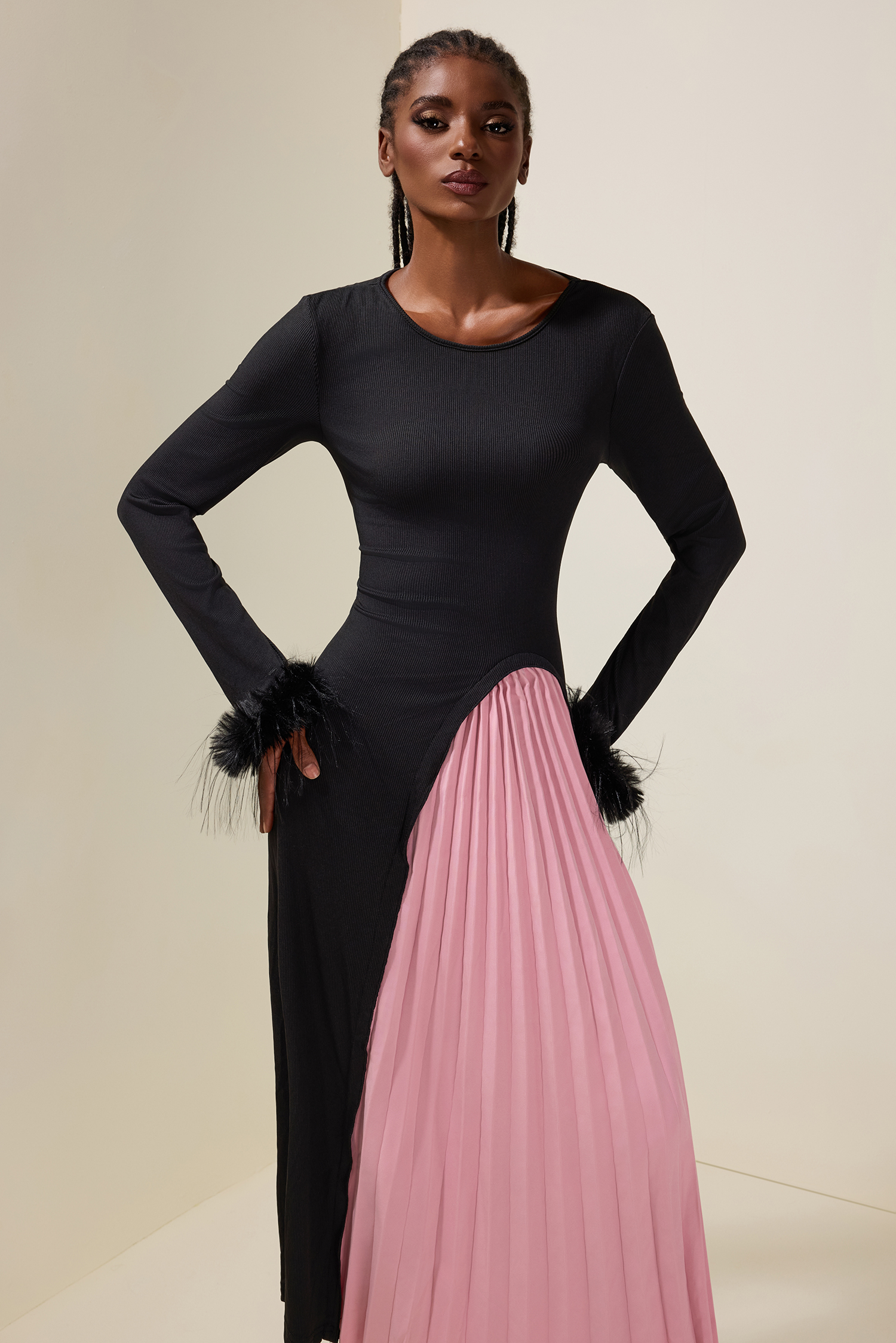 Jersey Splicing Pleated Feather Midi Dress