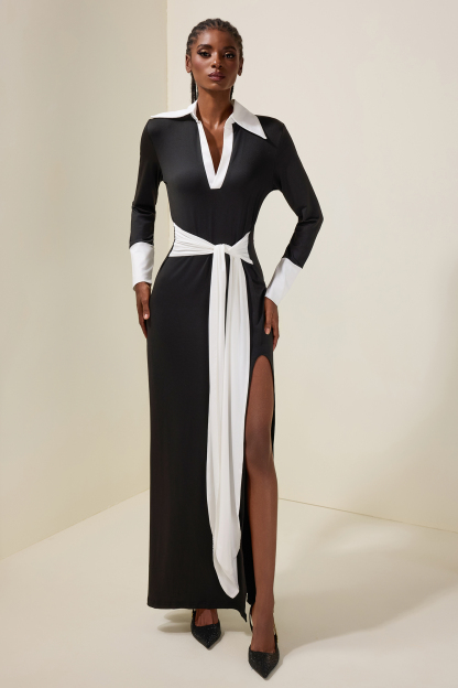 Contrast Color Flapped Lace-Up Maxi Dress