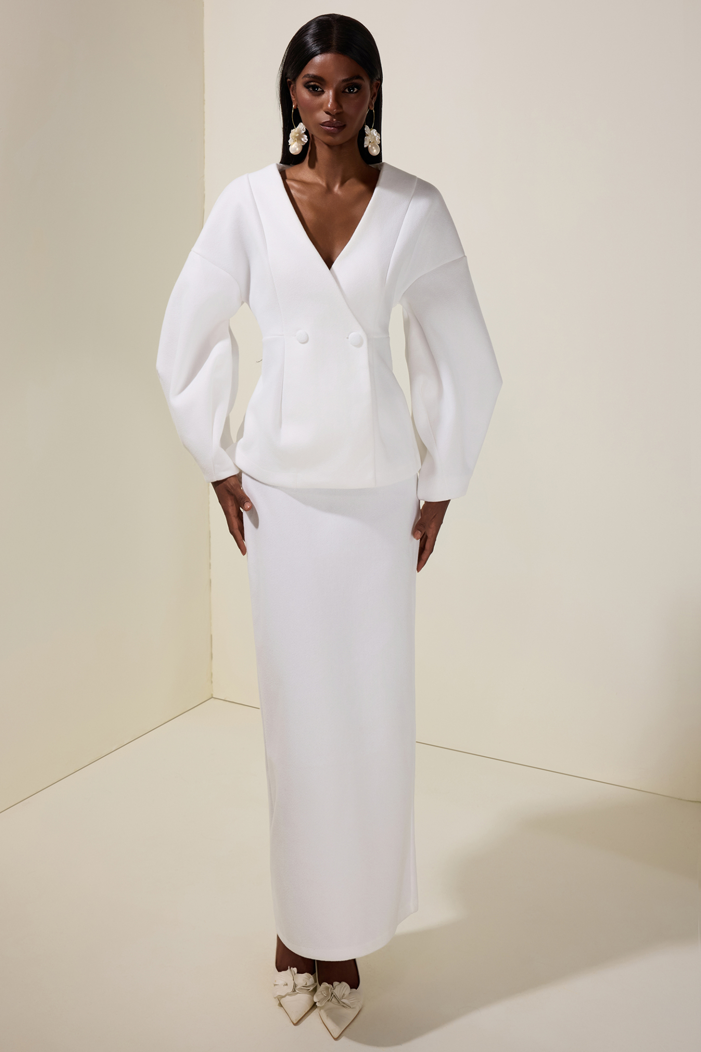 Woolen Lantern Sleeve Coat & High Waist Skirt Set