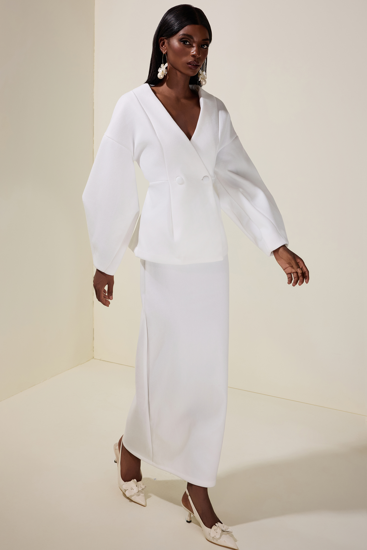 Woolen Lantern Sleeve Coat & High Waist Skirt Set