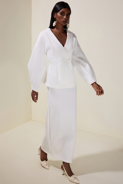 Woolen Lantern Sleeve Coat & High Waist Skirt Set