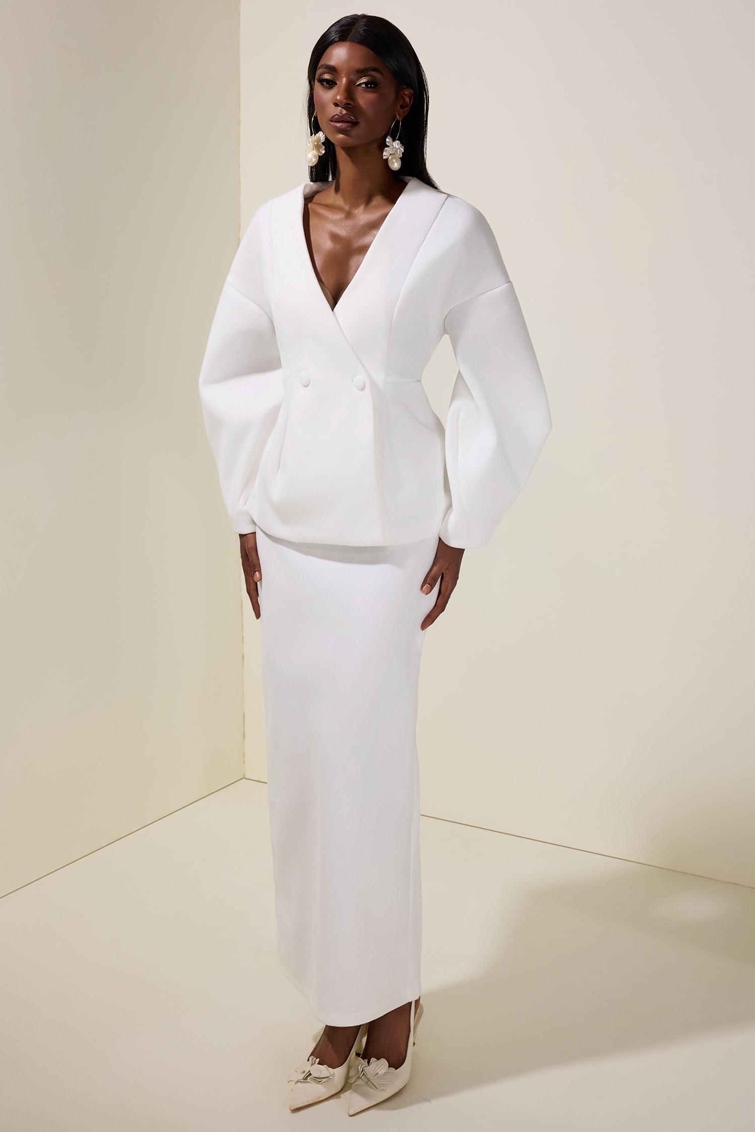 Woolen Lantern Sleeve Coat & High Waist Skirt Set