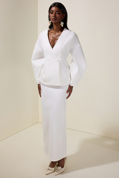 Woolen Lantern Sleeve Coat & High Waist Skirt Set