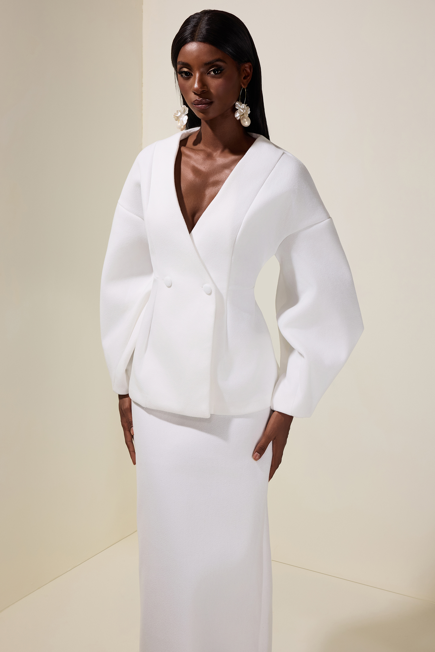 Woolen Lantern Sleeve Coat & High Waist Skirt Set