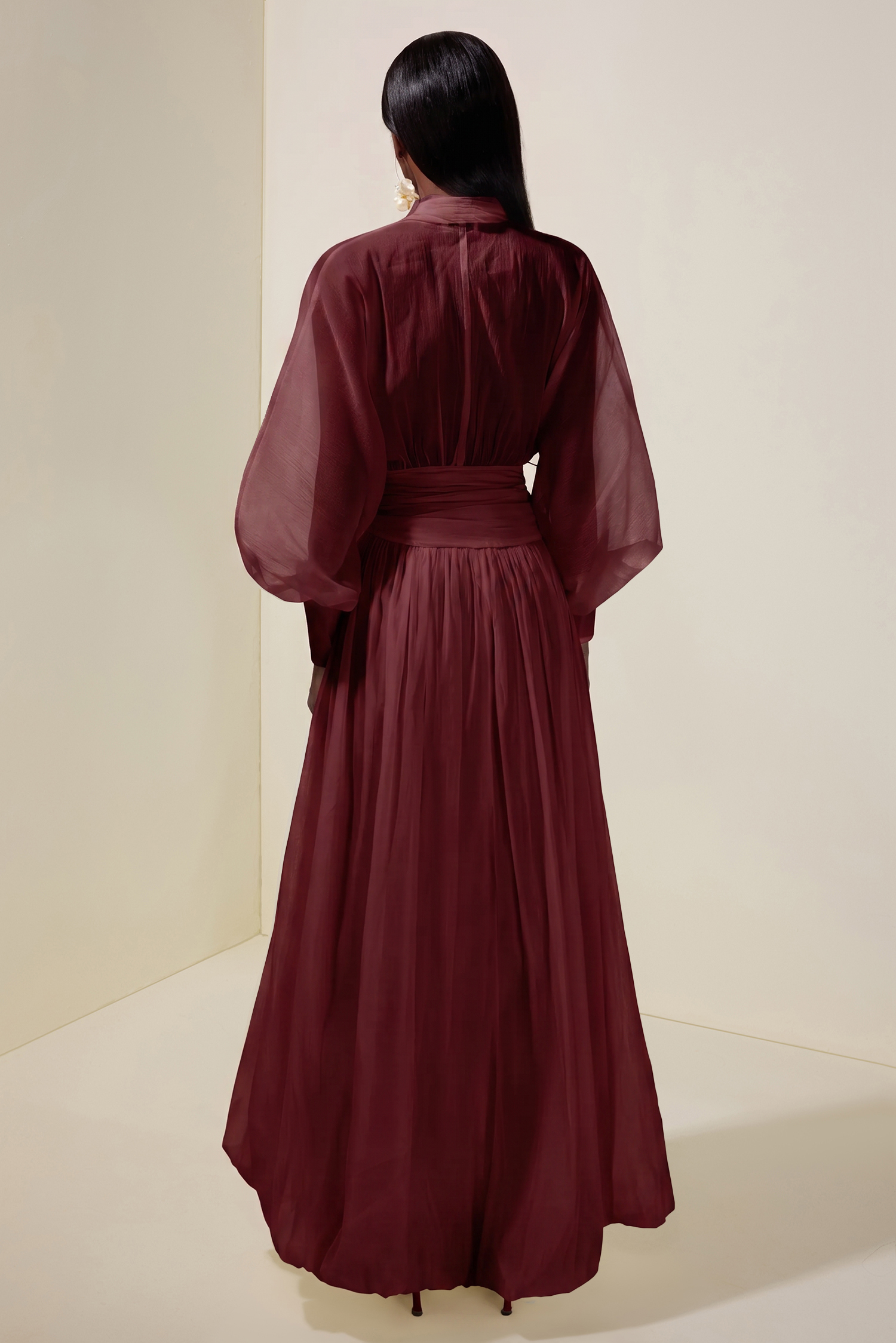 Chiffon V-Neck Lantern Sleeve Puff Midi Dress