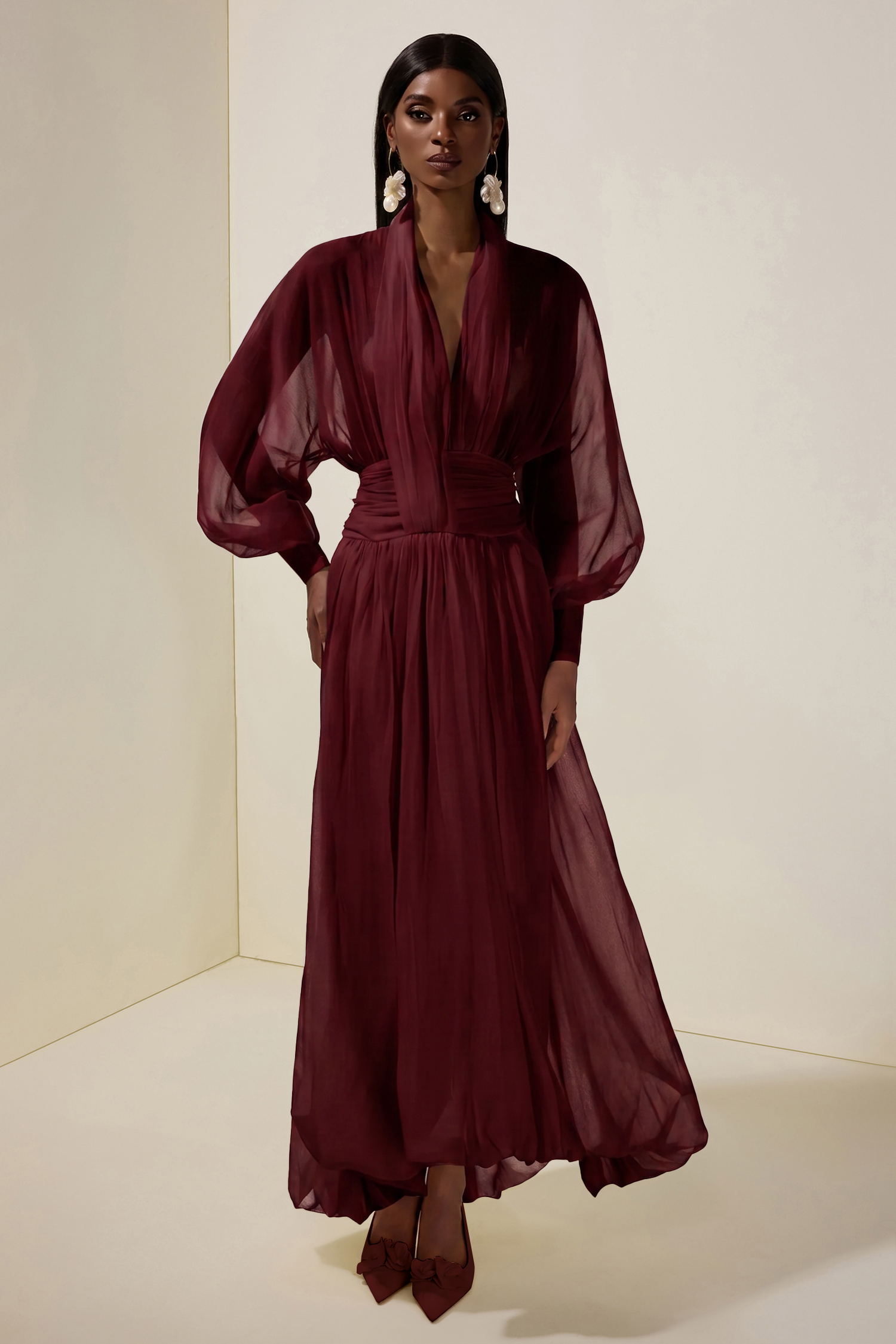 Chiffon V-Neck Lantern Sleeve Puff Midi Dress