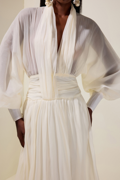 Chiffon V-Neck Lantern Sleeve Puff Midi Dress