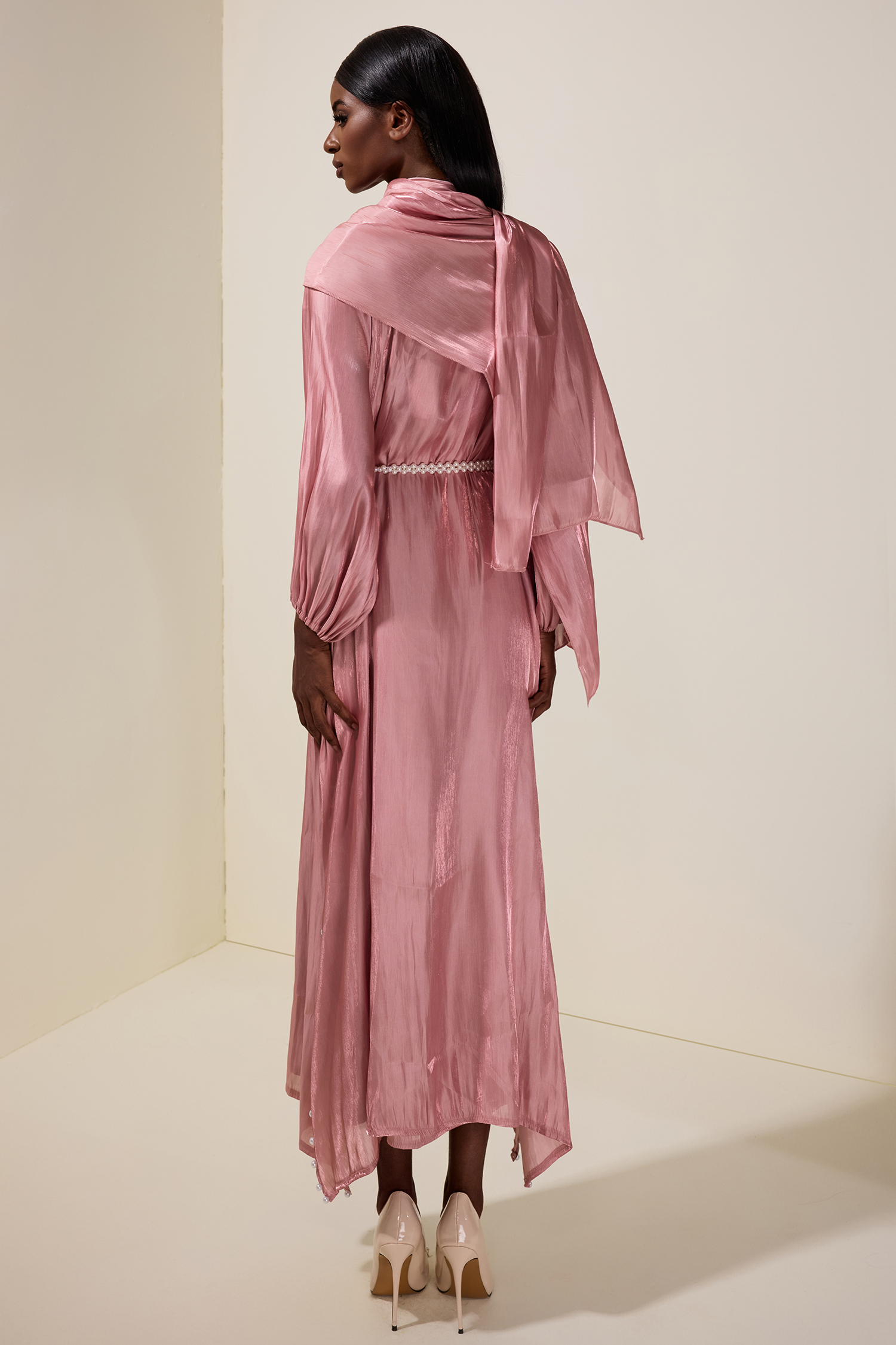 Faux Pearl Puff Sleeve Midi Dress With Cardigan