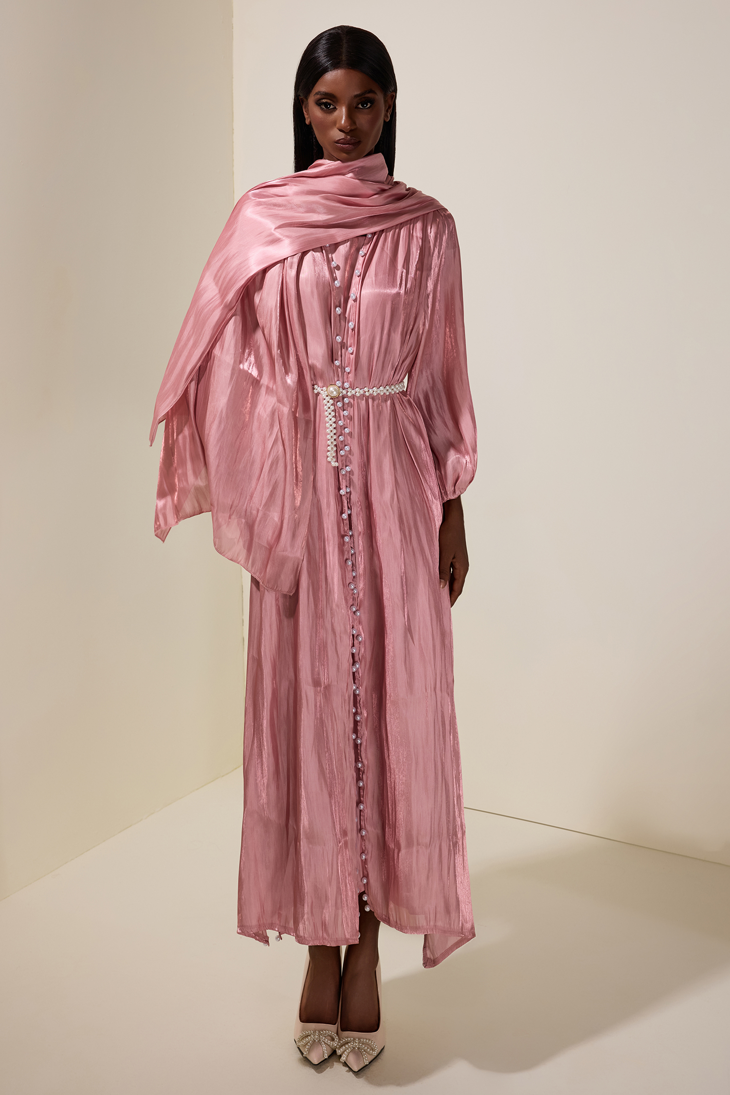 Faux Pearl Puff Sleeve Midi Dress With Cardigan