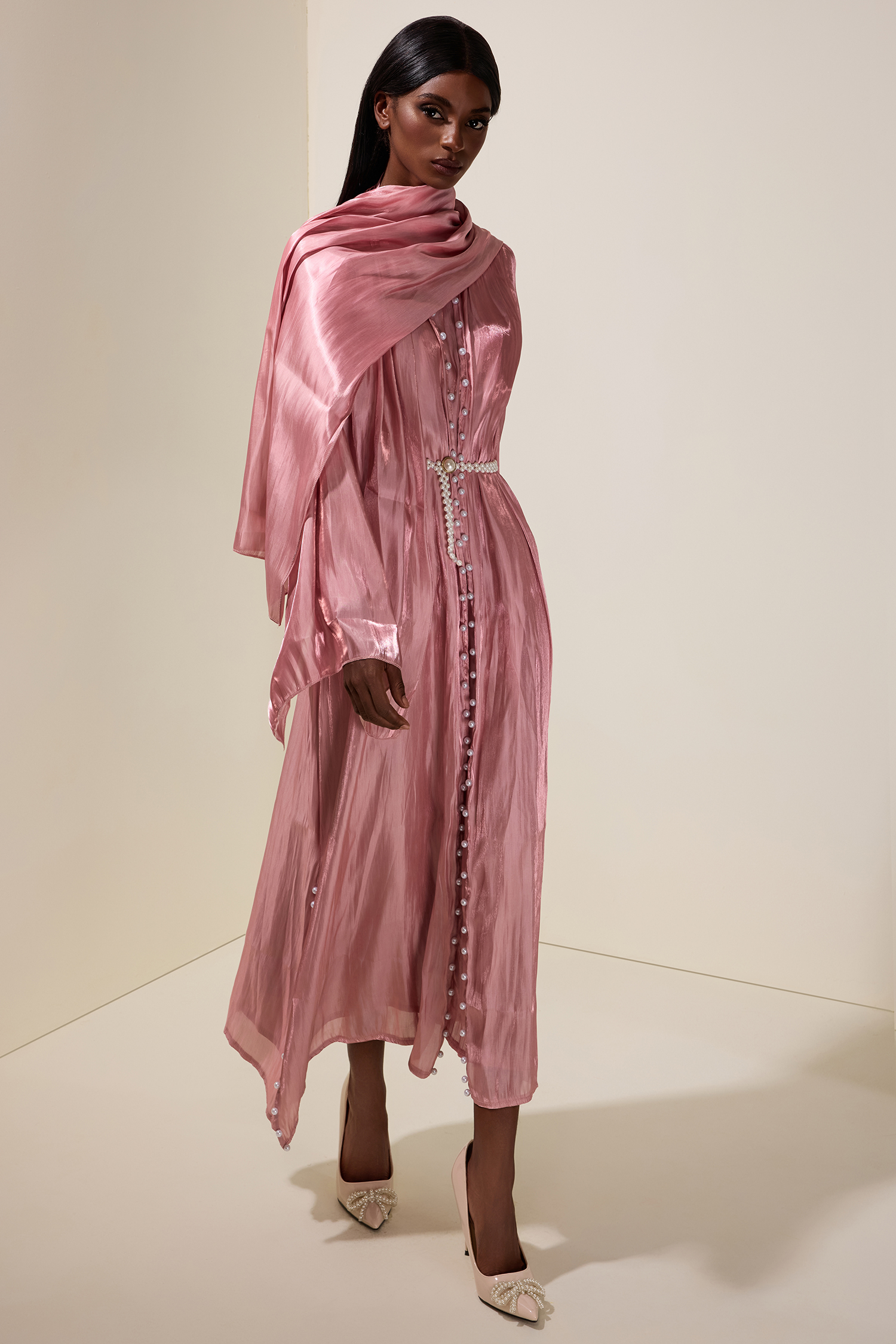 Faux Pearl Puff Sleeve Midi Dress With Cardigan