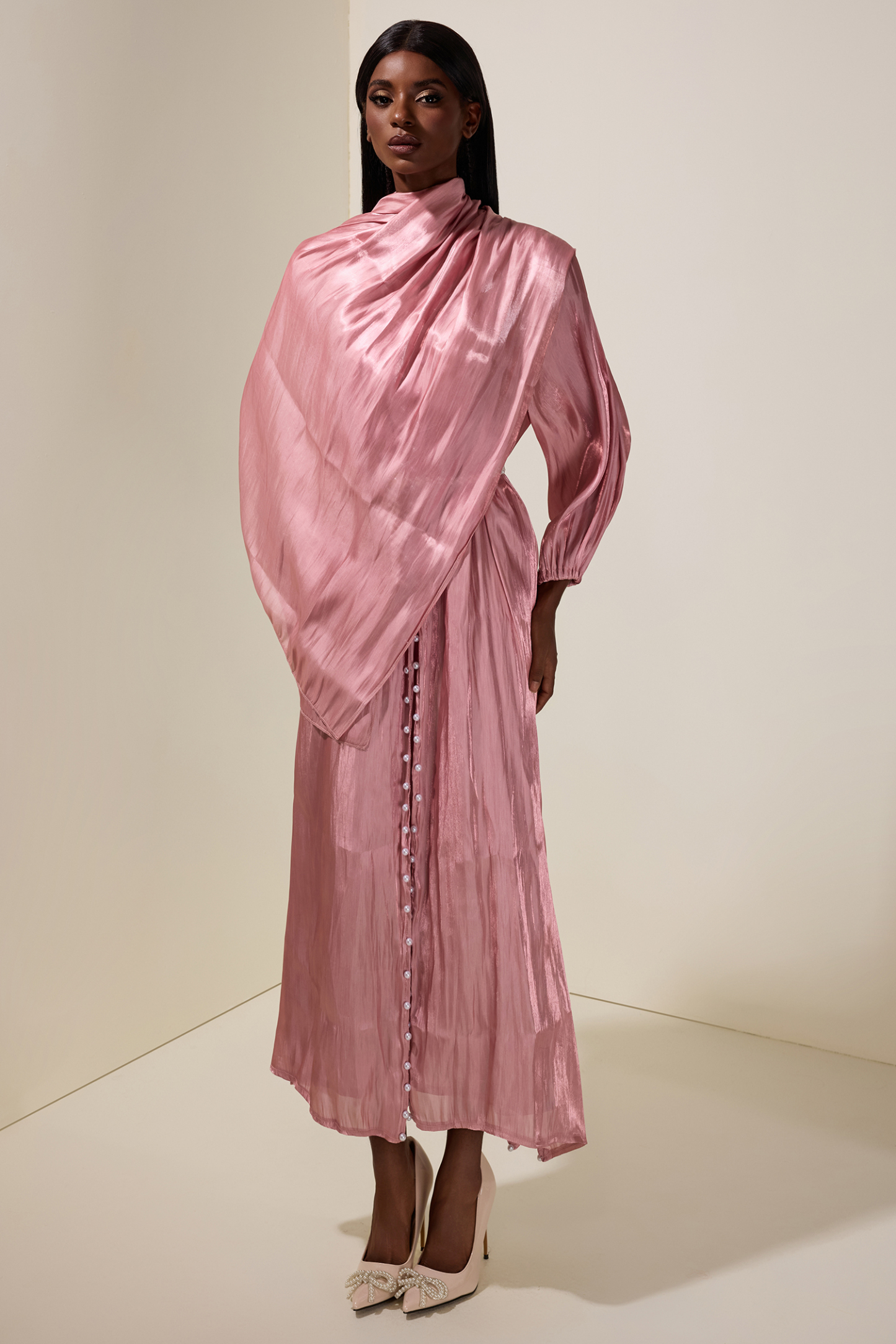 Faux Pearl Puff Sleeve Midi Dress With Cardigan