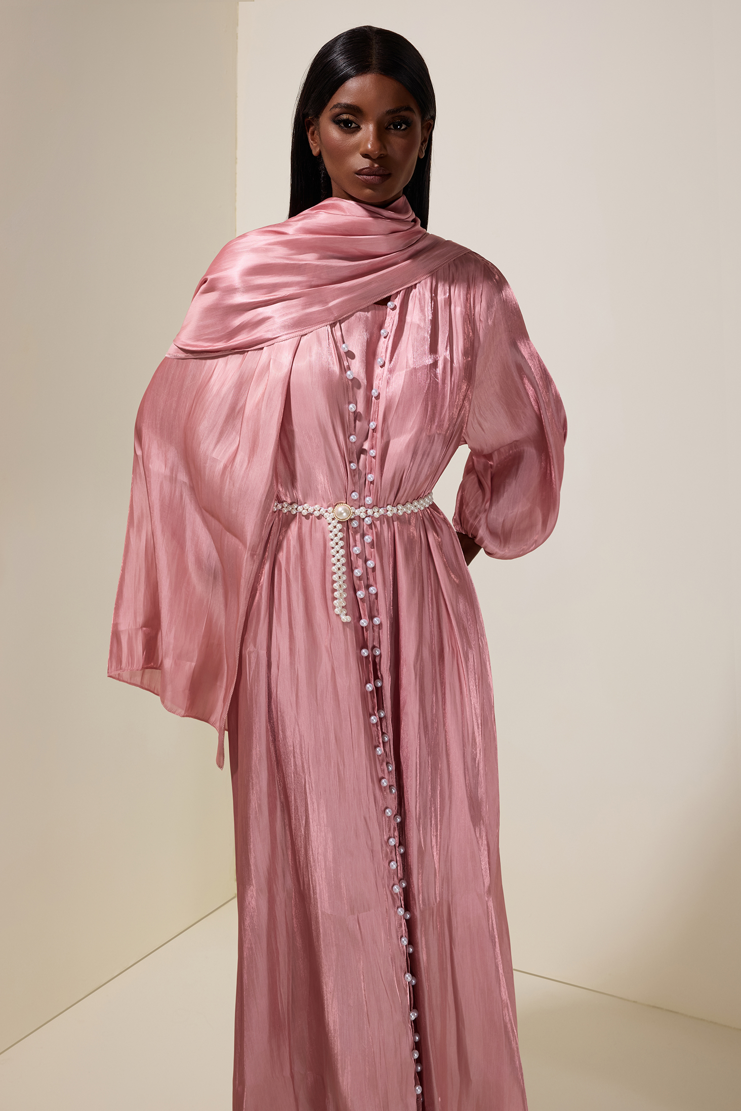 Faux Pearl Puff Sleeve Midi Dress With Cardigan