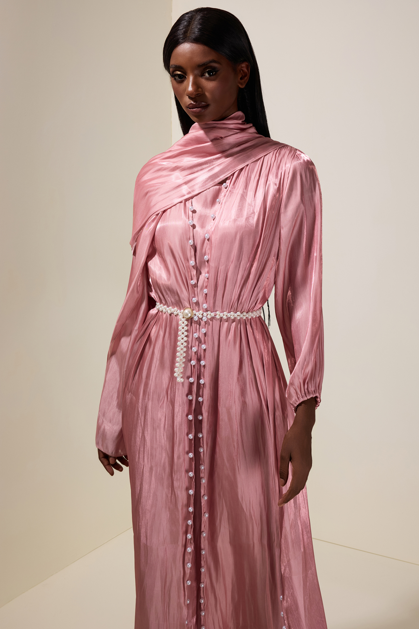 Faux Pearl Puff Sleeve Midi Dress With Cardigan