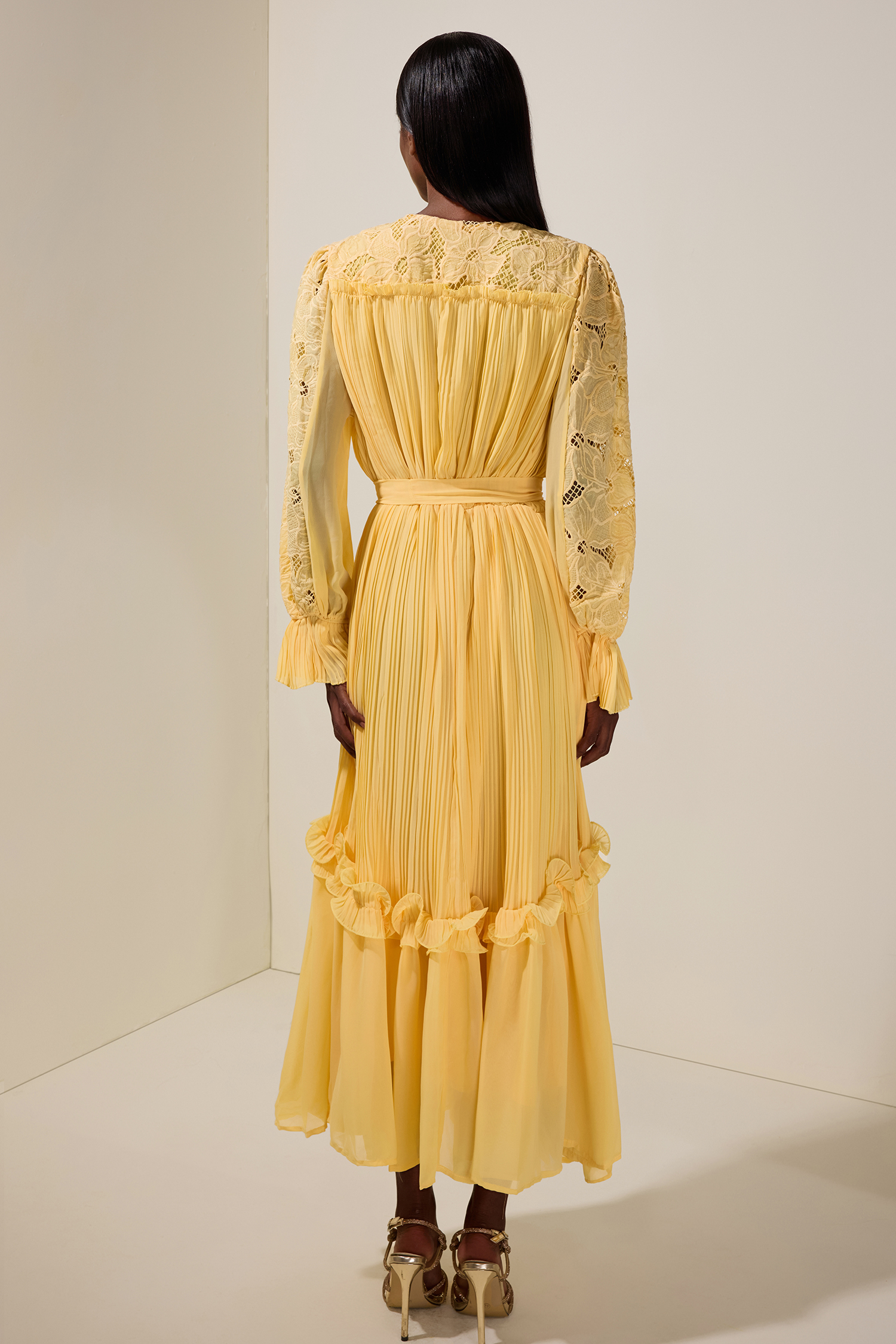 Lace Splicing Chiffon Pleated Maxi Dress With Belt