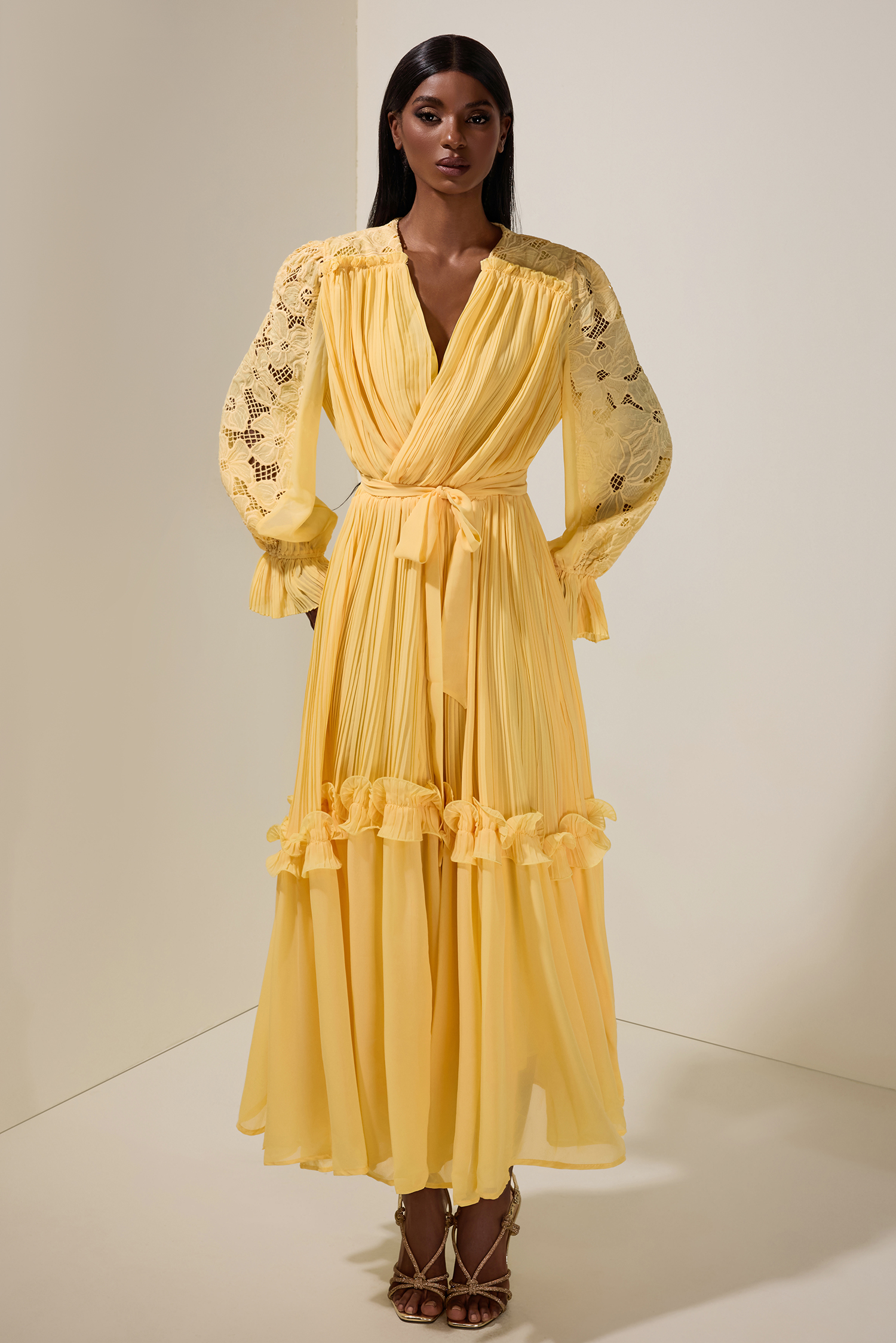 Lace Splicing Chiffon Pleated Maxi Dress With Belt