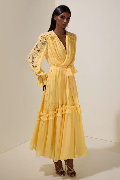 Lace Splicing Chiffon Pleated Maxi Dress With Belt