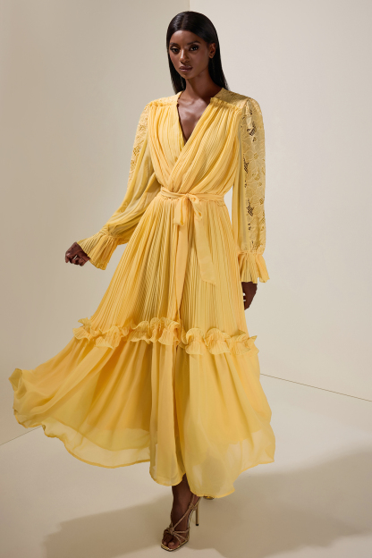 Lace Splicing Chiffon Pleated Maxi Dress With Belt