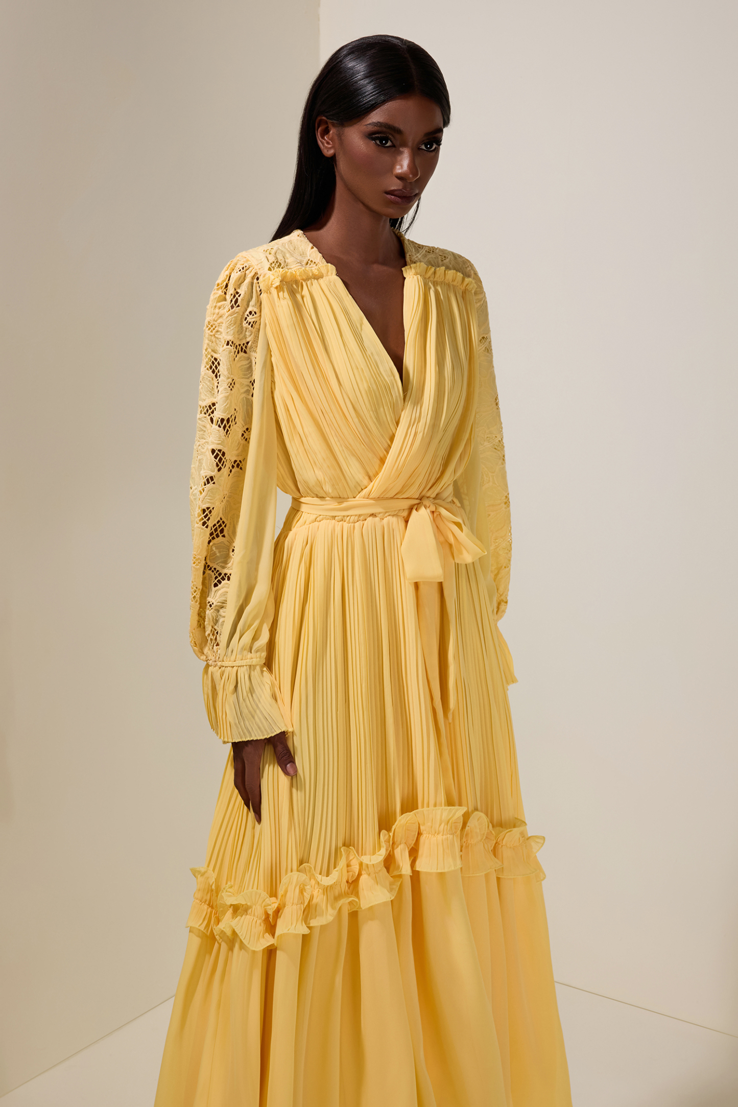 Lace Splicing Chiffon Pleated Maxi Dress With Belt