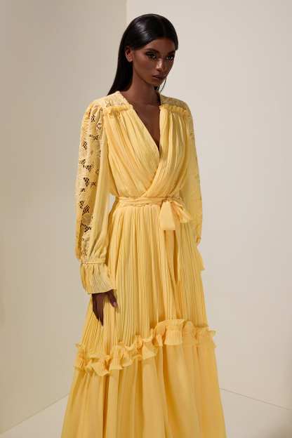 Lace Splicing Chiffon Pleated Maxi Dress With Belt