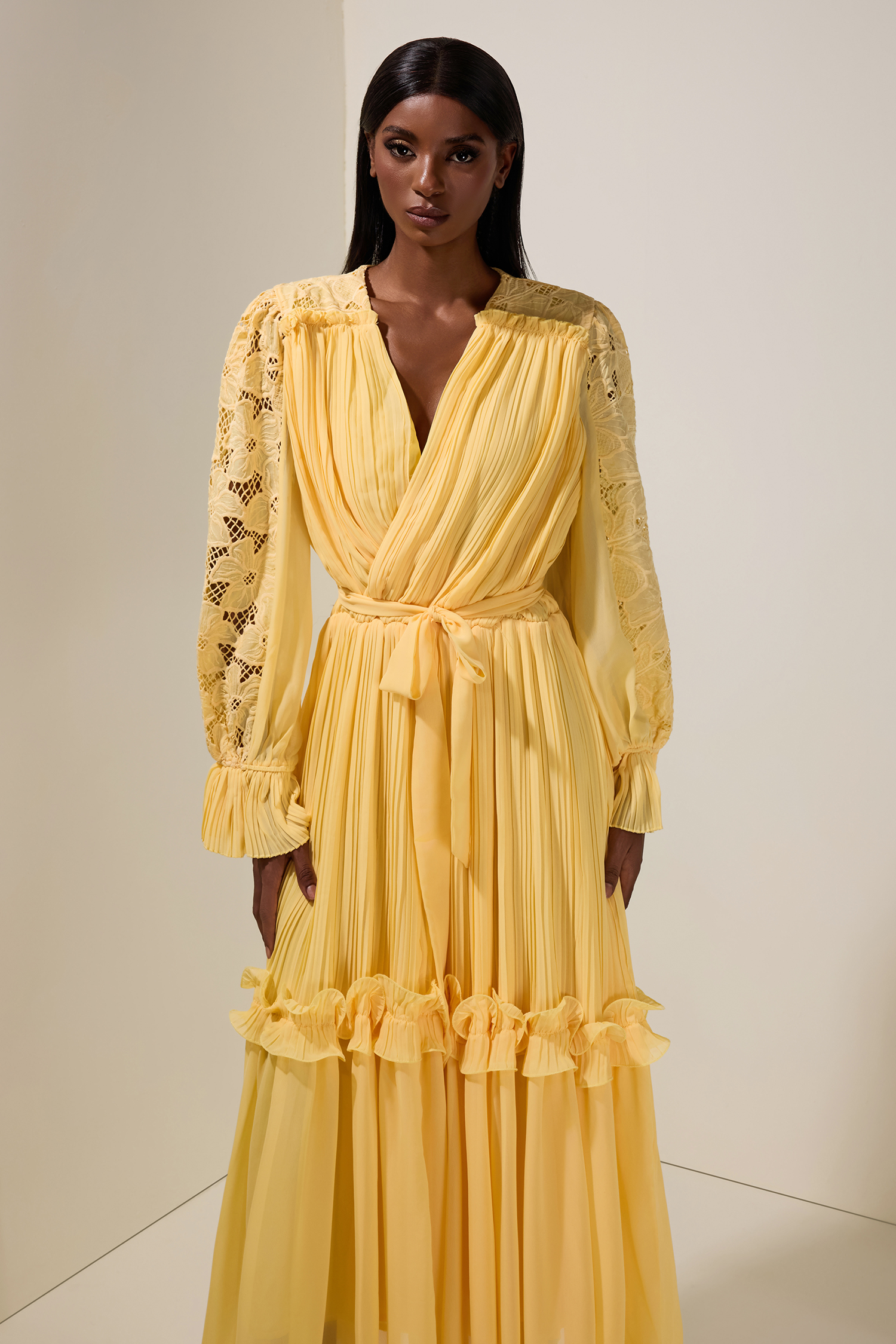 Lace Splicing Chiffon Pleated Maxi Dress With Belt