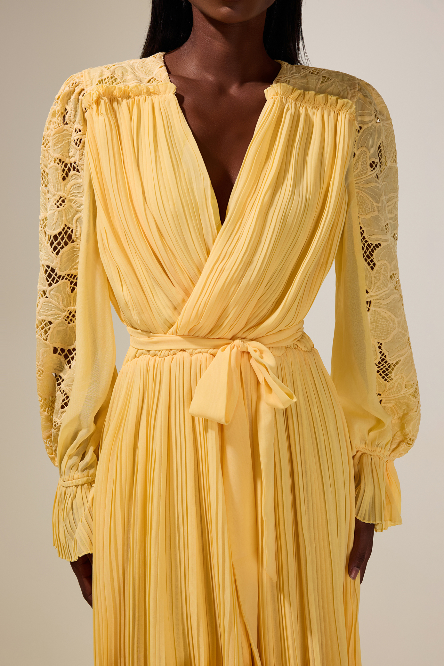 Lace Splicing Chiffon Pleated Maxi Dress With Belt