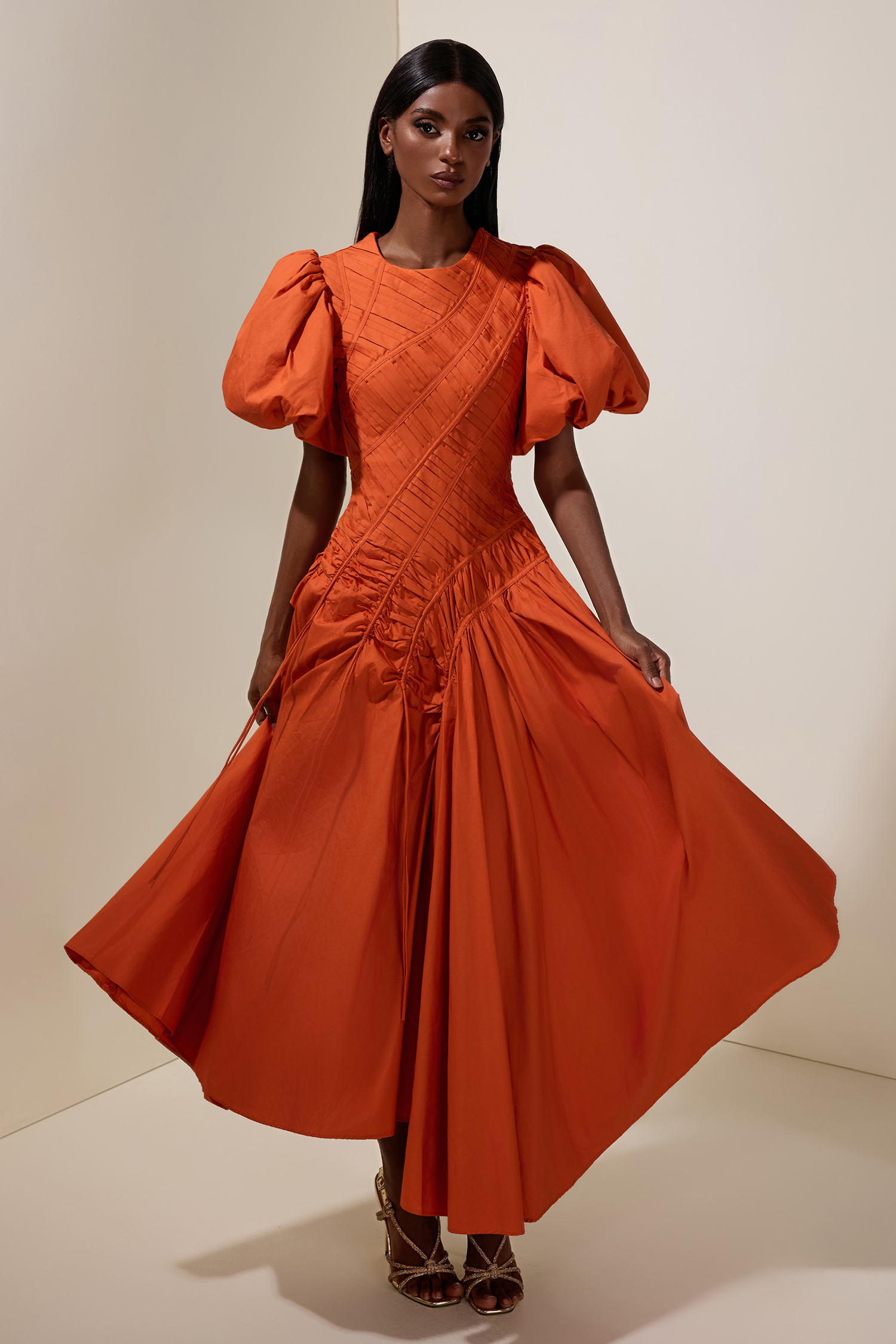 Shirring Round Neck Puff Sleeve Midi Dress – JardinVue