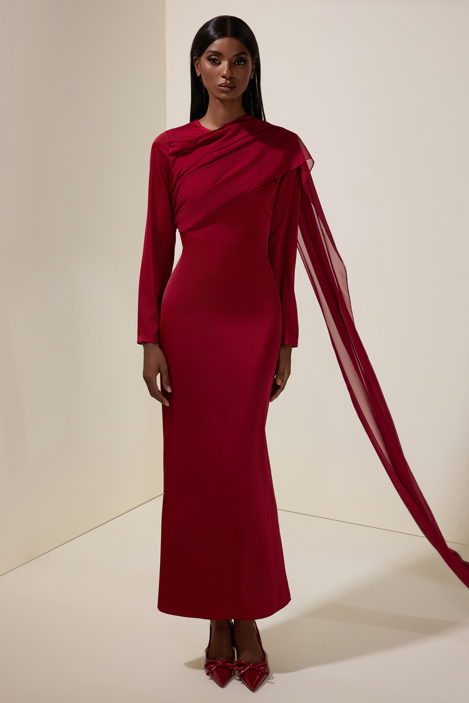 Satin Splicing Chiffon Long Sleeve Maxi Dress