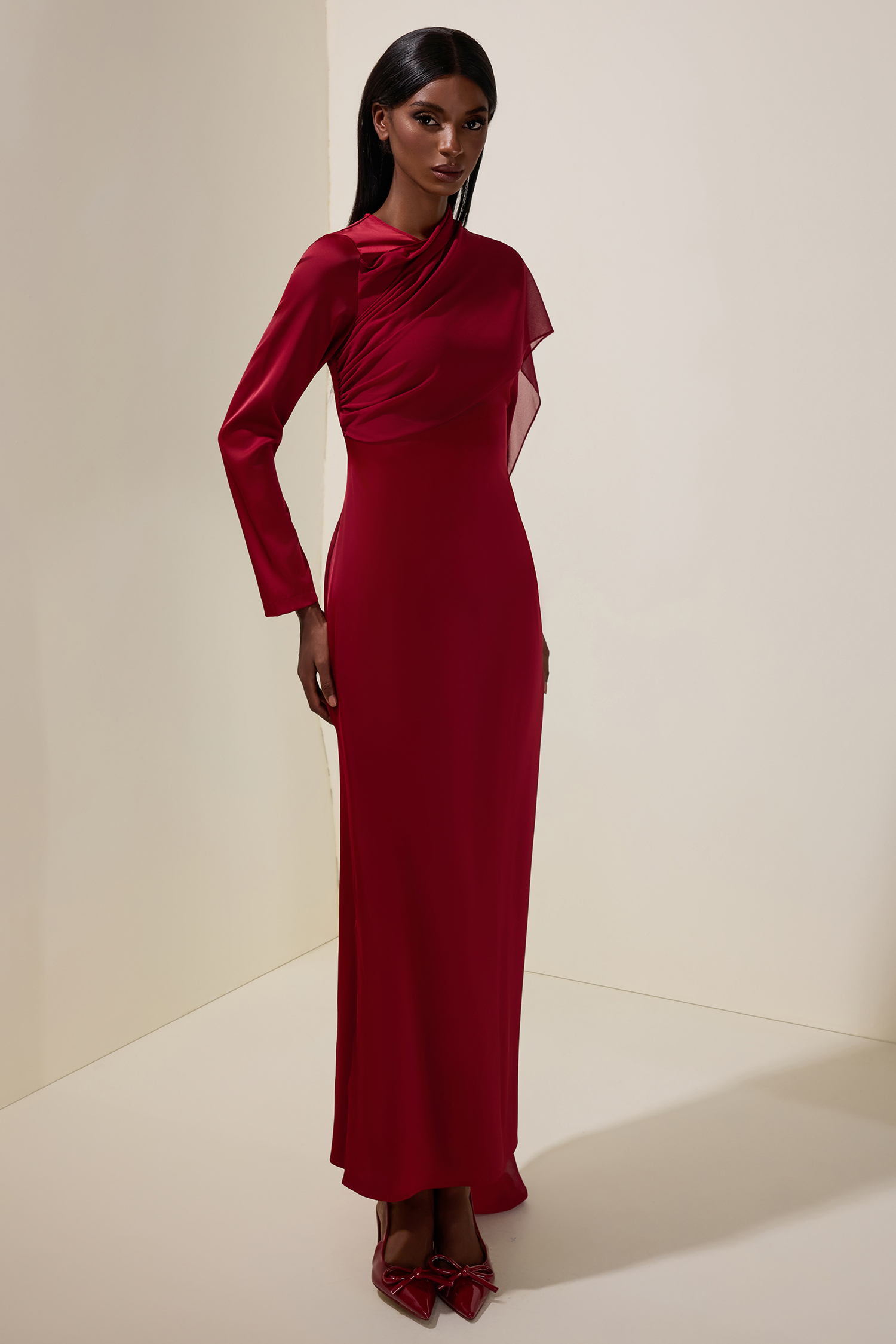 Satin Splicing Chiffon Long Sleeve Maxi Dress