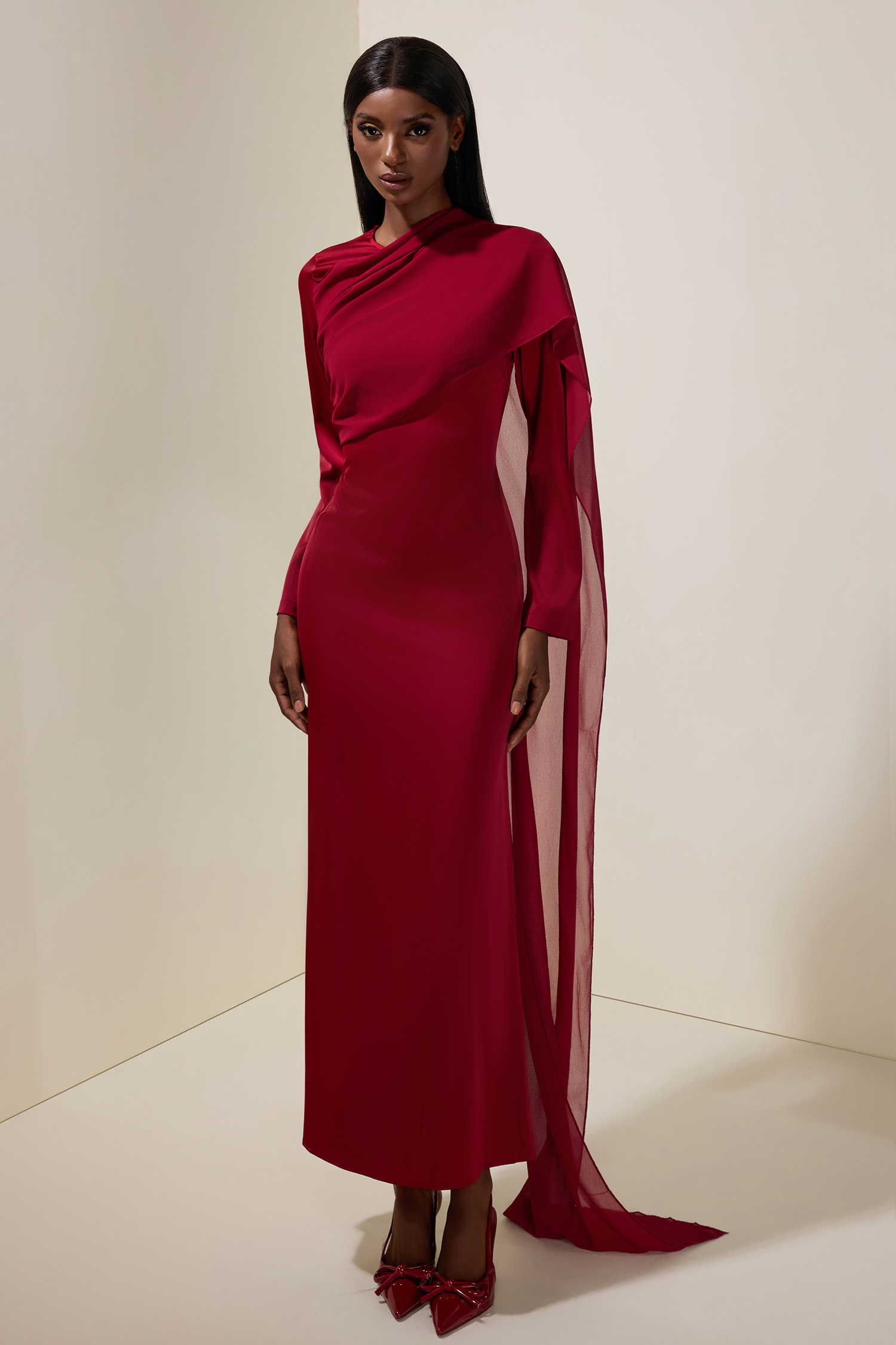 Satin Splicing Chiffon Long Sleeve Maxi Dress