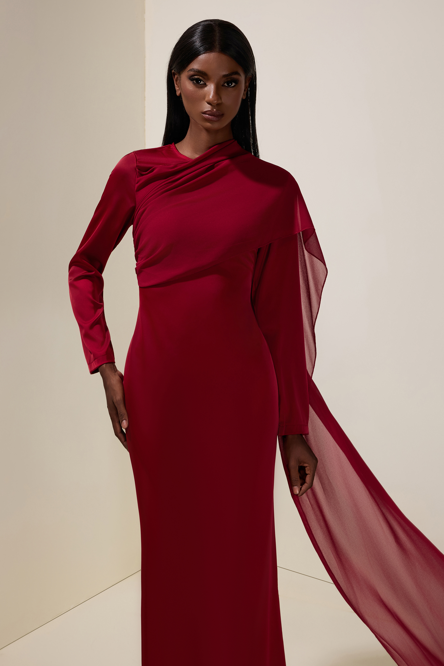 Satin Splicing Chiffon Long Sleeve Maxi Dress