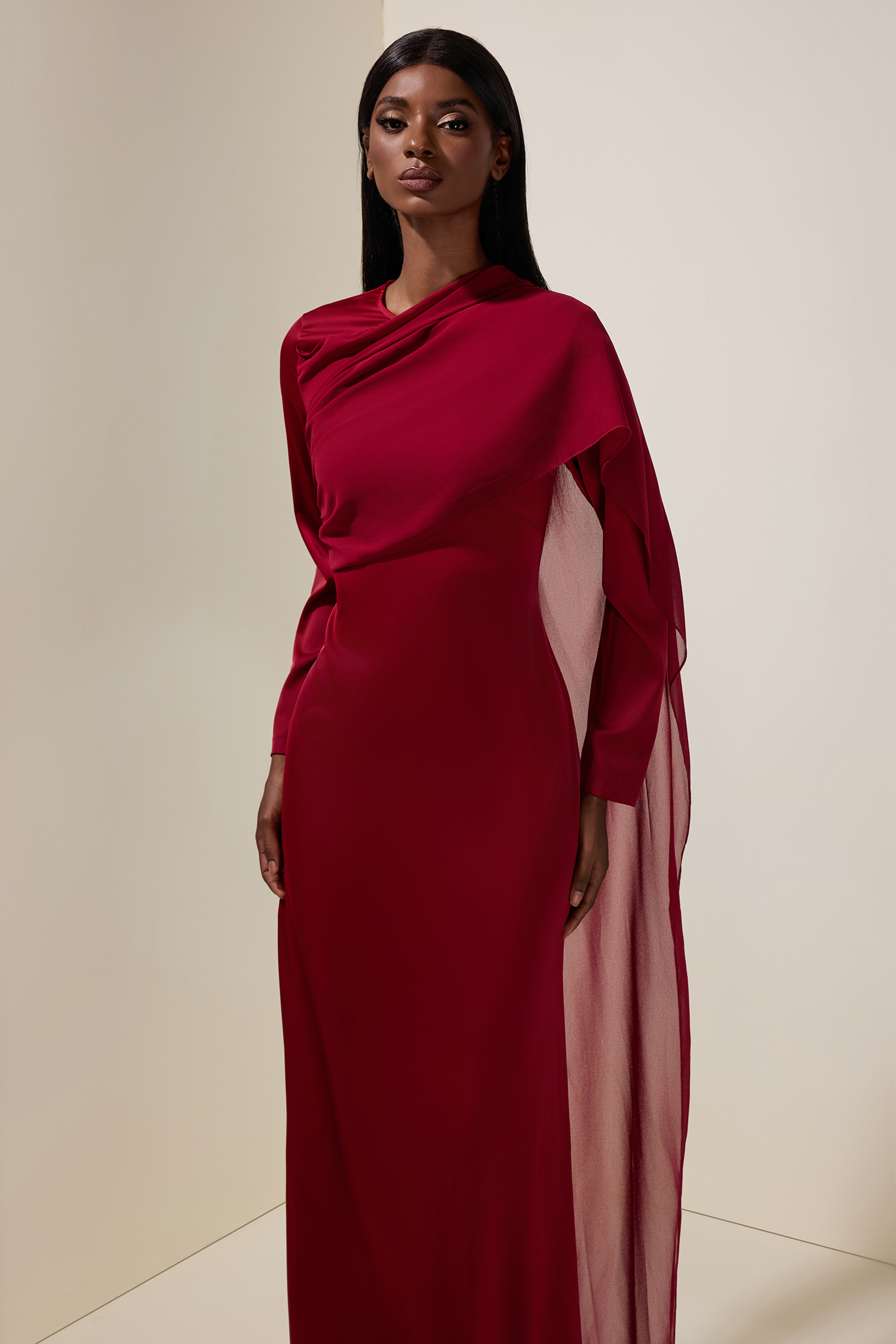 Satin Splicing Chiffon Long Sleeve Maxi Dress