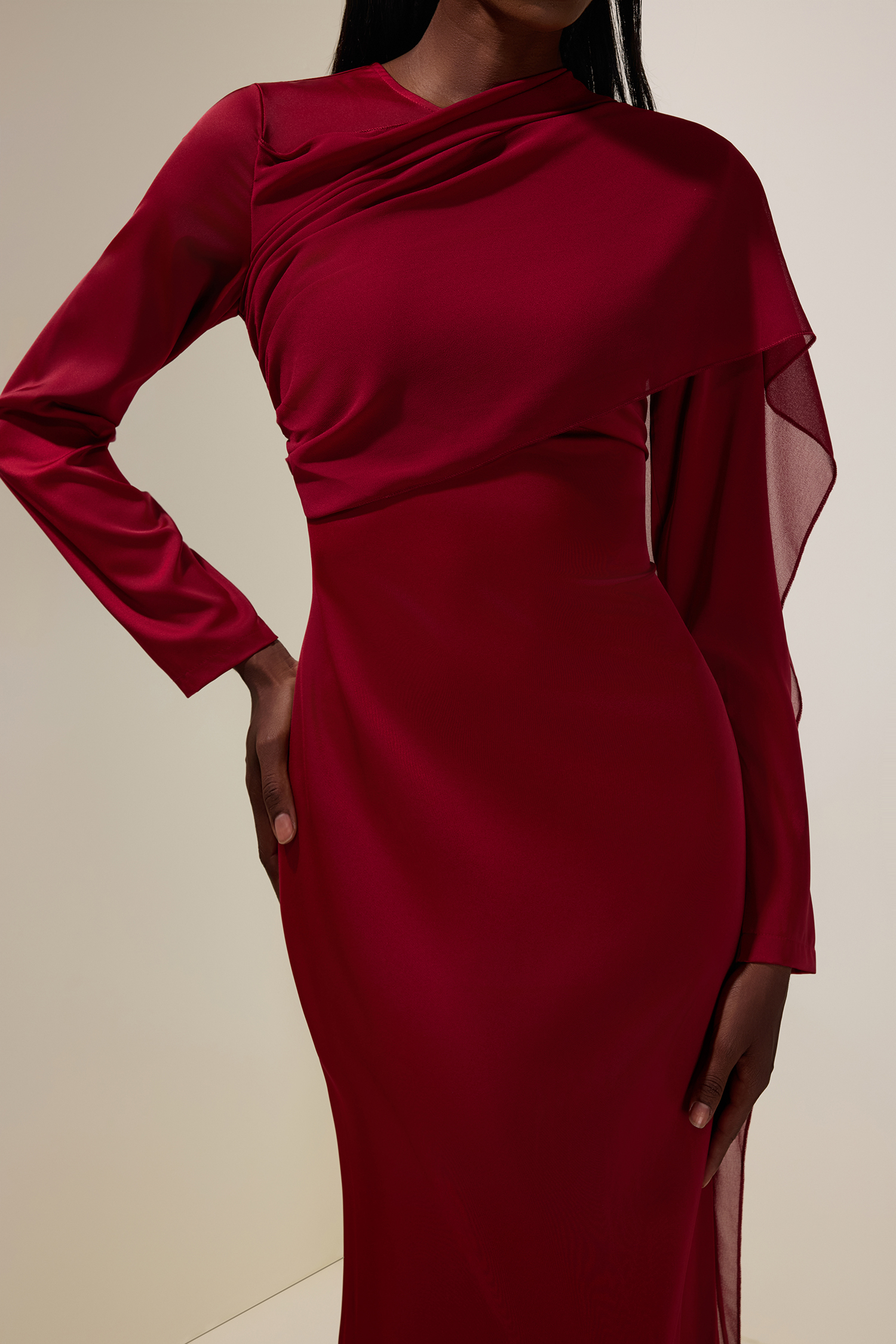 Satin Splicing Chiffon Long Sleeve Maxi Dress