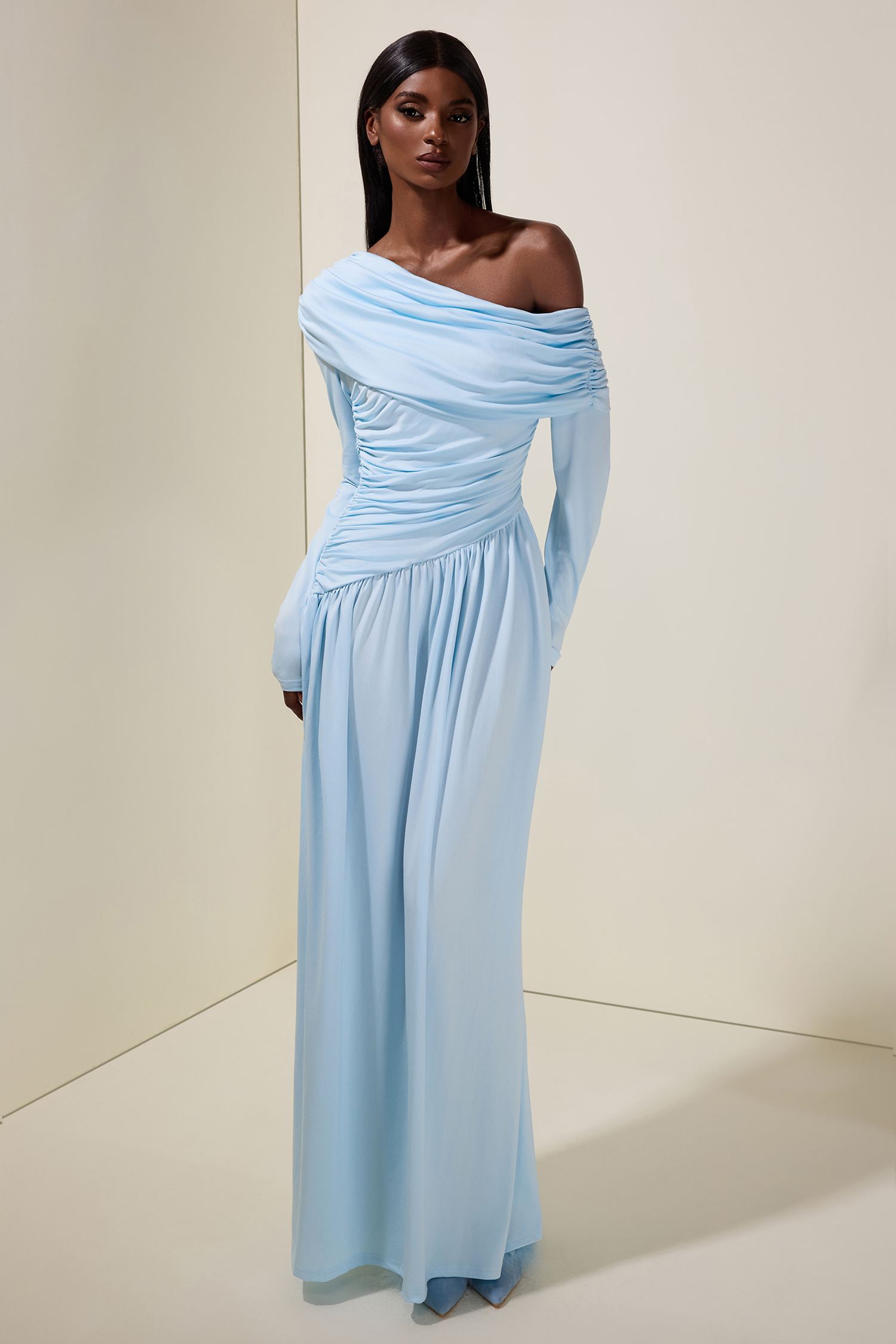 Jersey Gathering Long Sleeve Maxi Dress