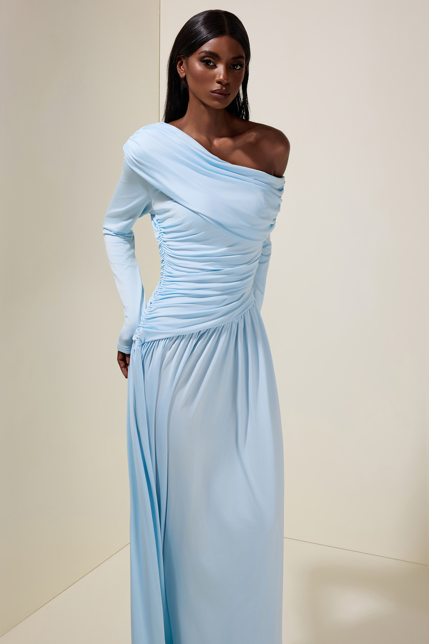 Jersey Gathering Long Sleeve Maxi Dress