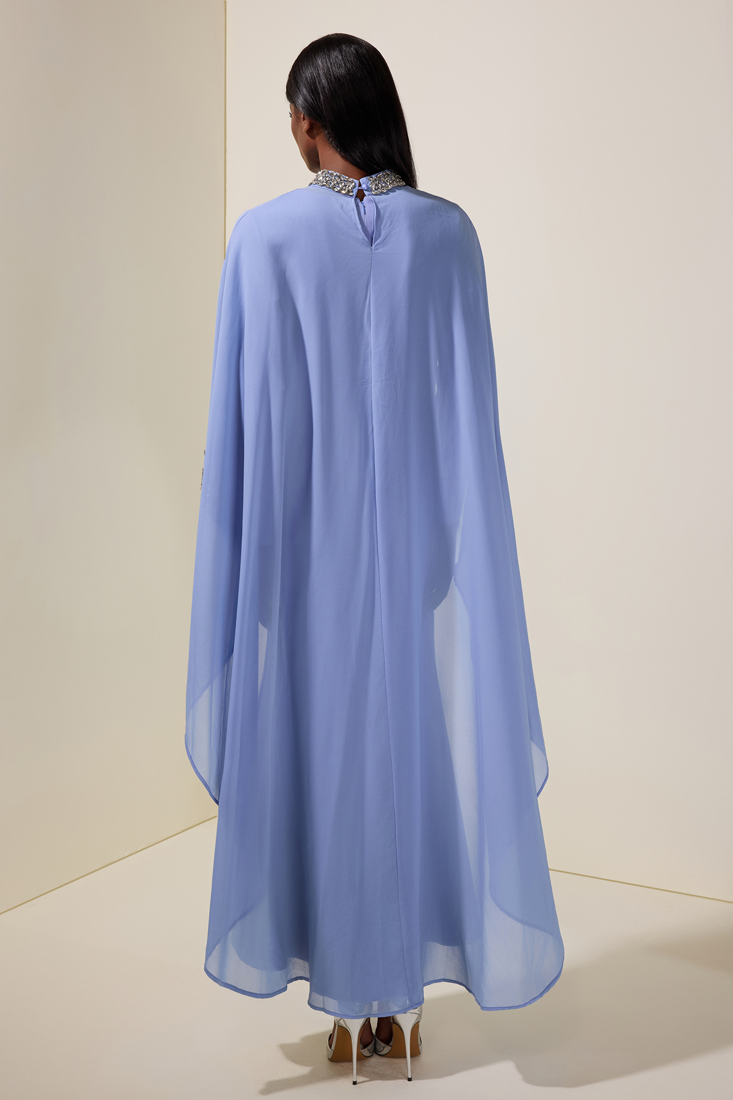 Long Sleeve Maxi Dress With Rhinestone Cape