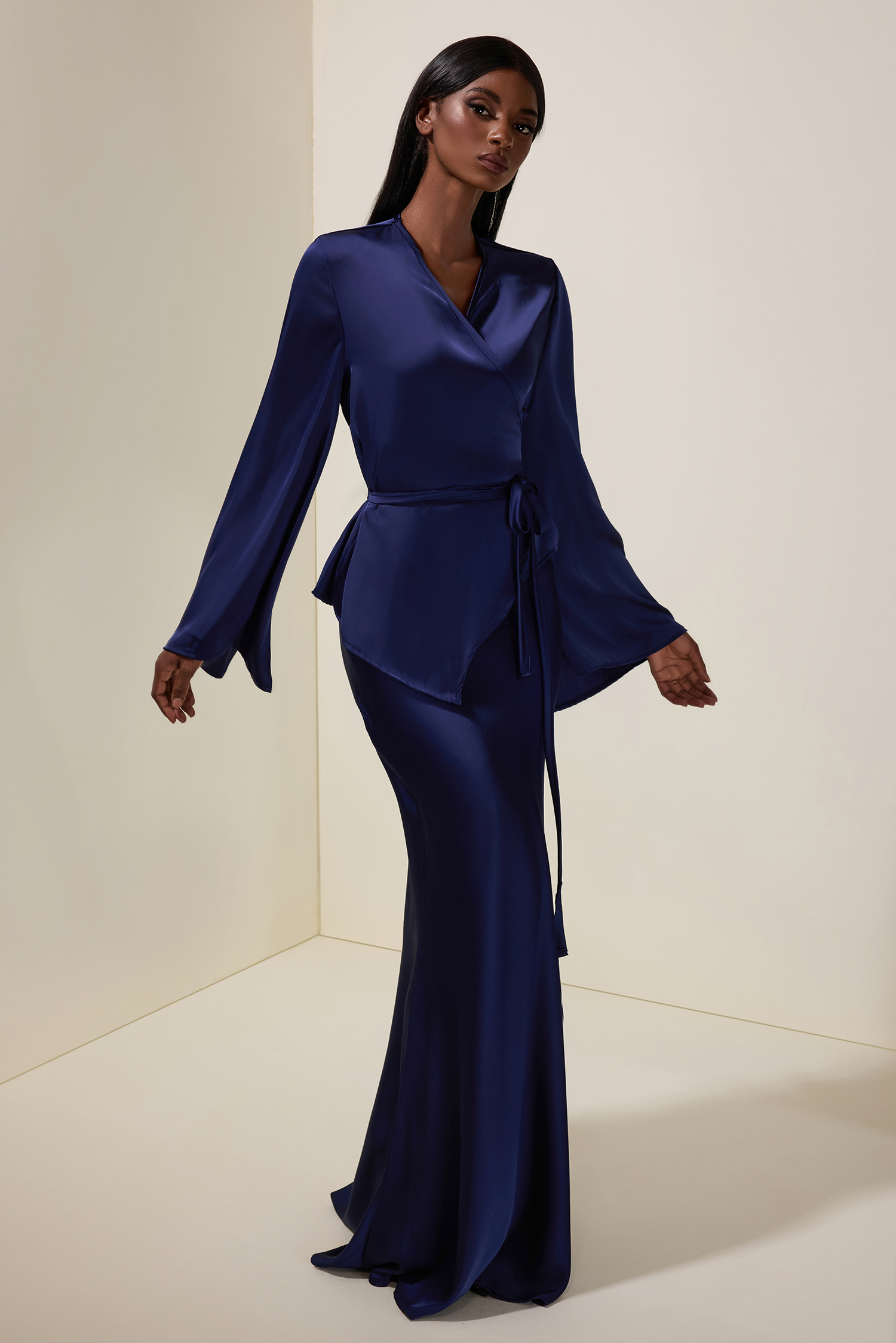 Satin Wrap Top & High Waist Maxi Skirt Set