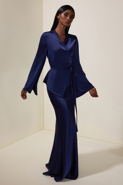 Satin Wrap Top & High Waist Maxi Skirt Set