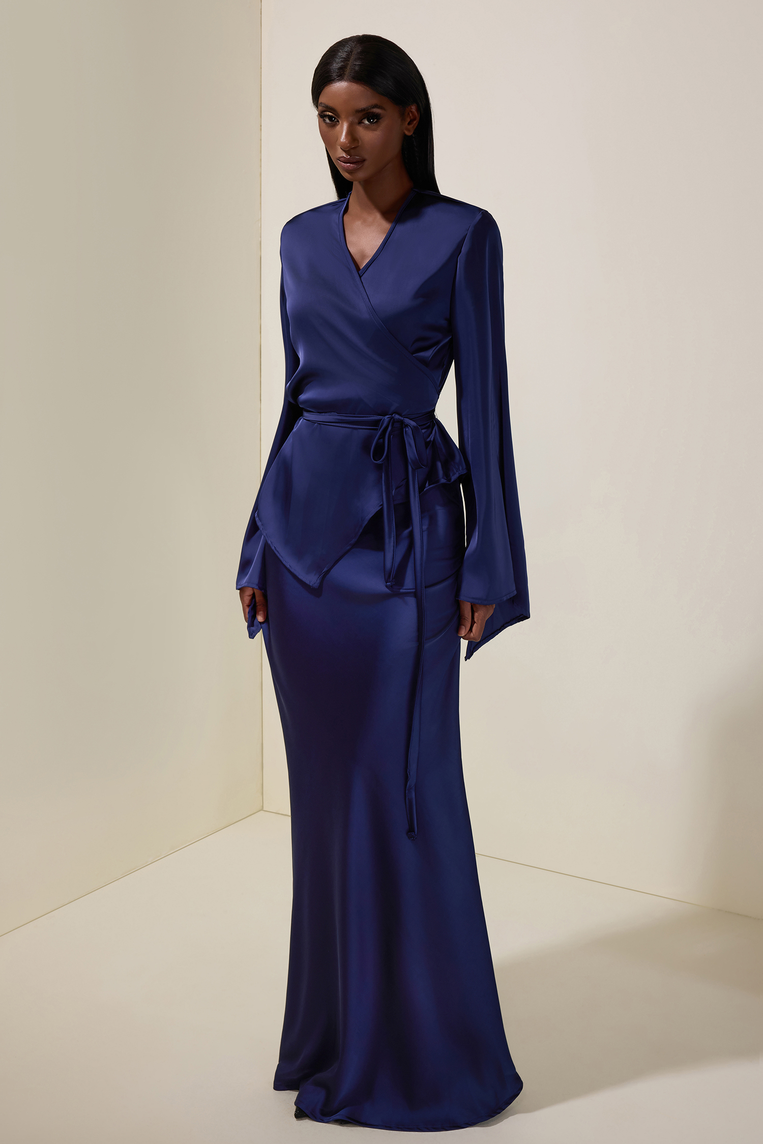 Satin Wrap Top & High Waist Maxi Skirt Set