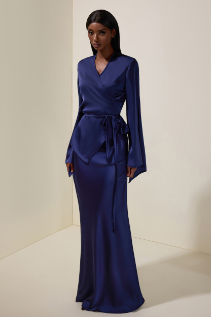Satin Wrap Top & High Waist Maxi Skirt Set