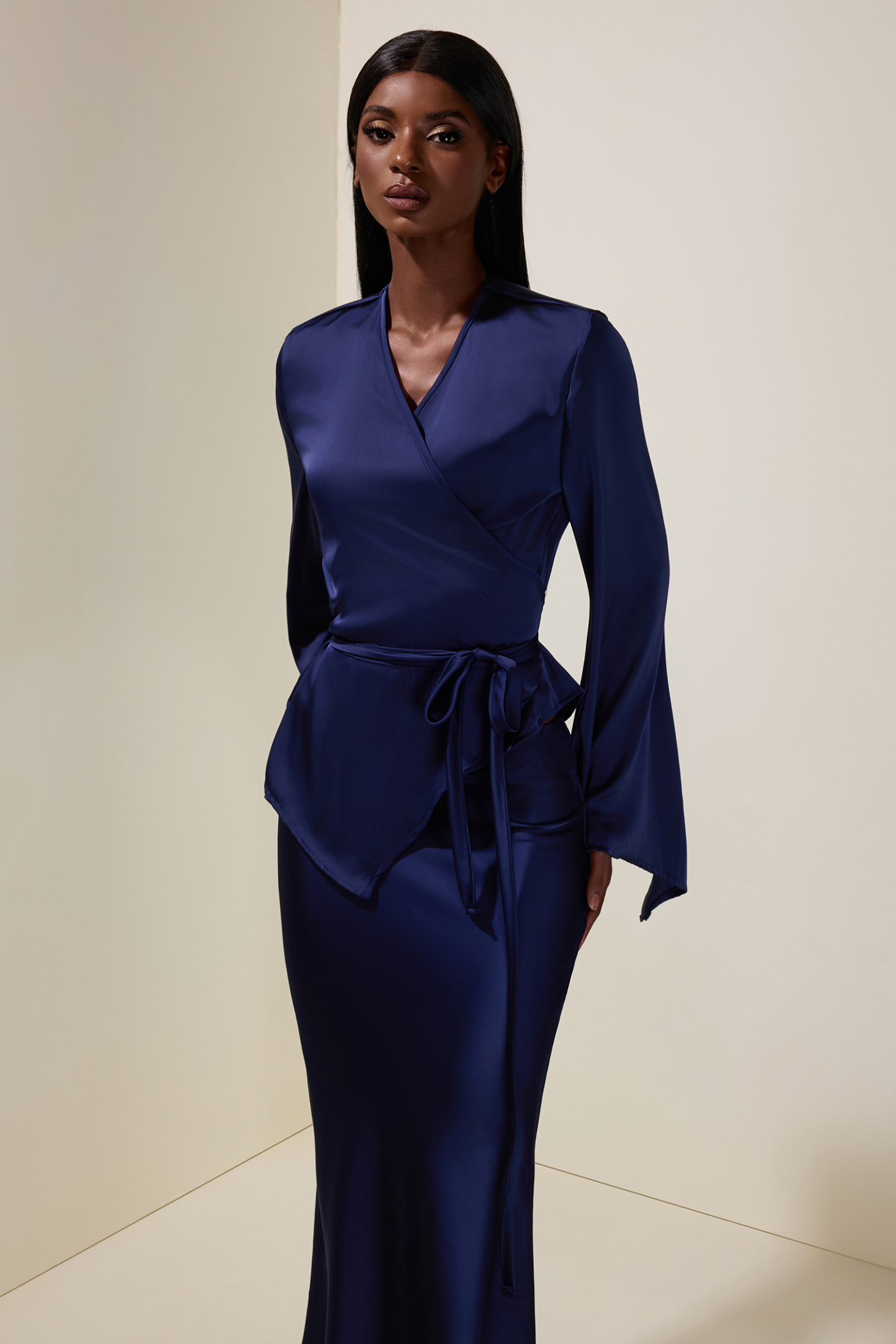 Satin Wrap Top & High Waist Maxi Skirt Set