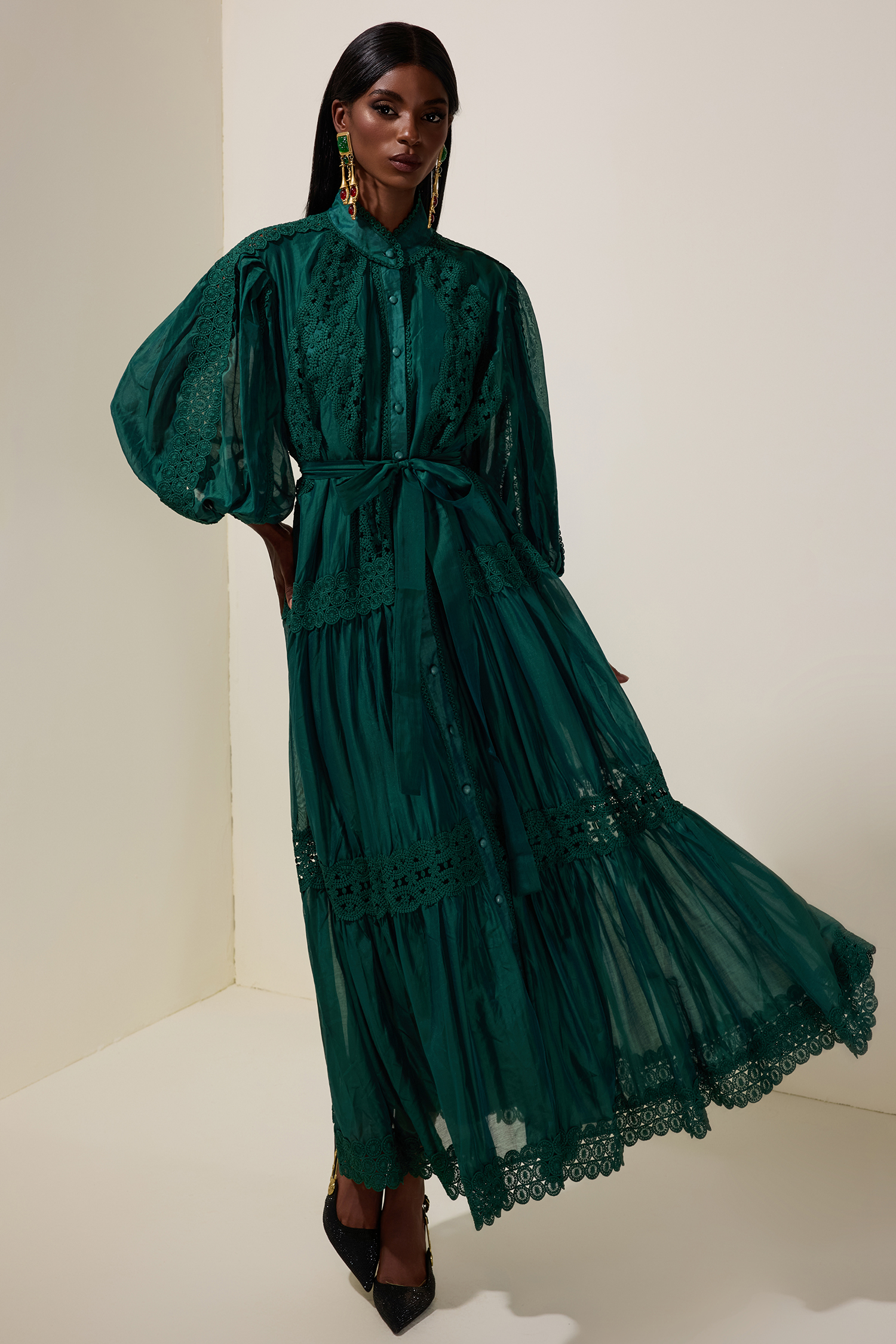 Lace Single Breasted Maxi Dress With Belt