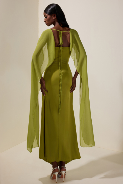 Satin Cape Sleeve Square Collar Midi Dress