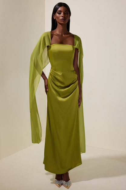 Satin Cape Sleeve Square Collar Midi Dress