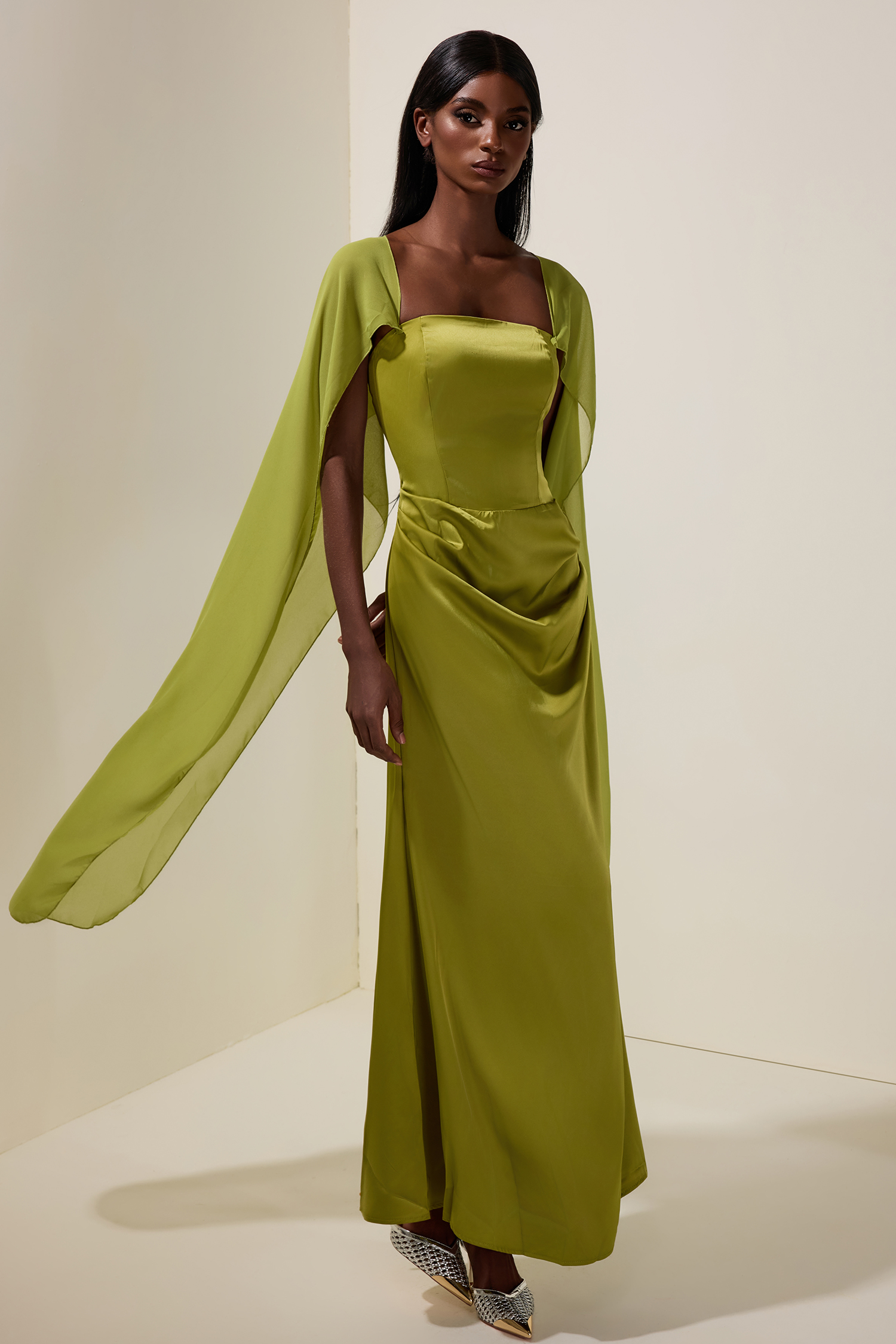 Satin Cape Sleeve Square Collar Midi Dress